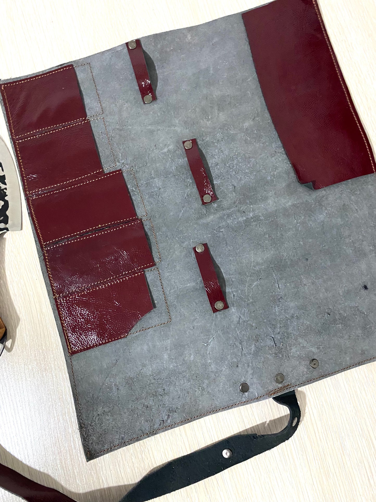 5 Slots Knife Roll, Grey Colour Handmade Chef bag, Cow Genuine Leather Knives Roll, Tools Holder Chefs Kitchen Supply Size 14inchX15.5inch