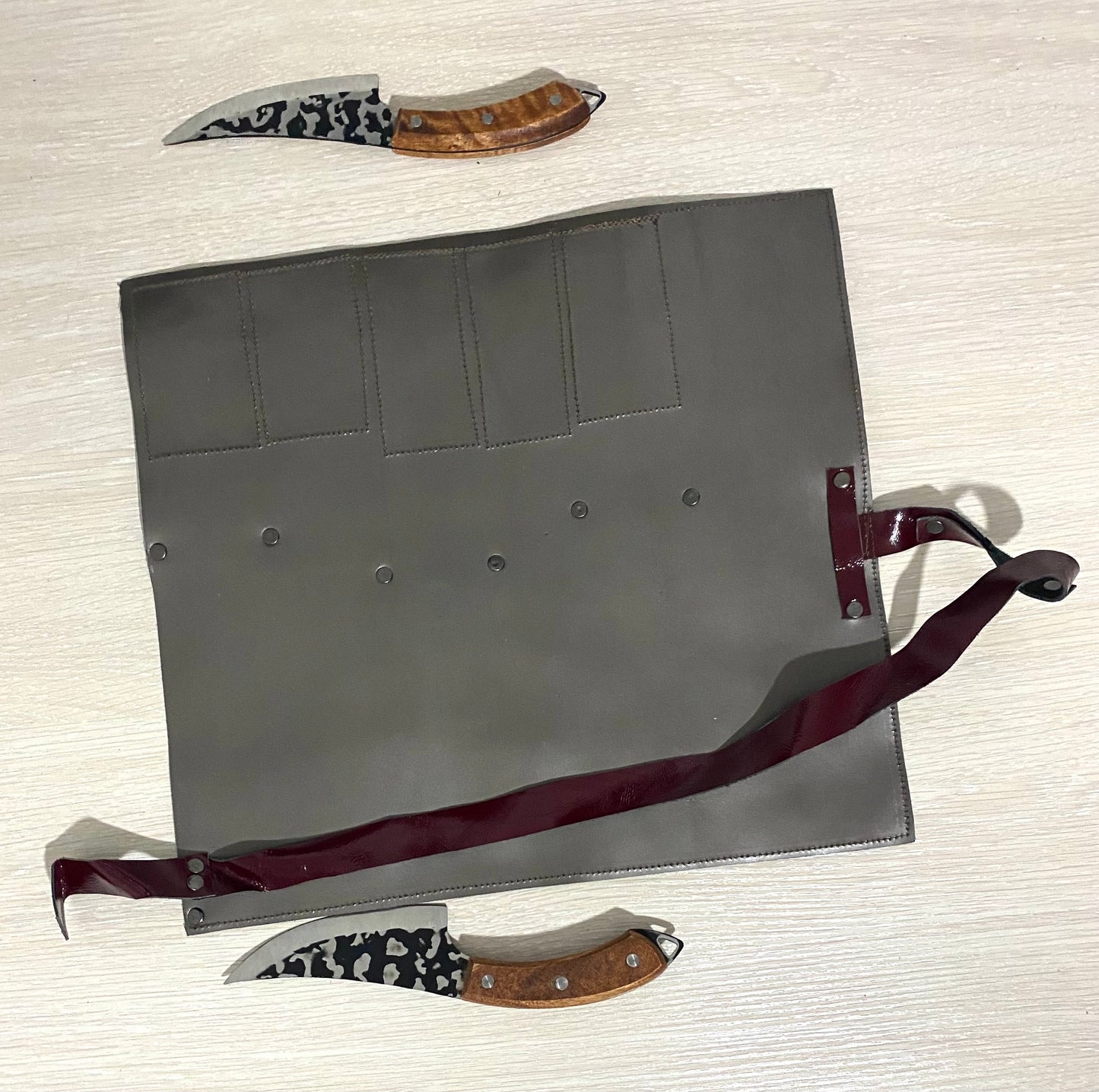 5 Slots Knife Roll, Grey Colour Handmade Chef bag, Cow Genuine Leather Knives Roll, Tools Holder Chefs Kitchen Supply Size 14inchX15.5inch