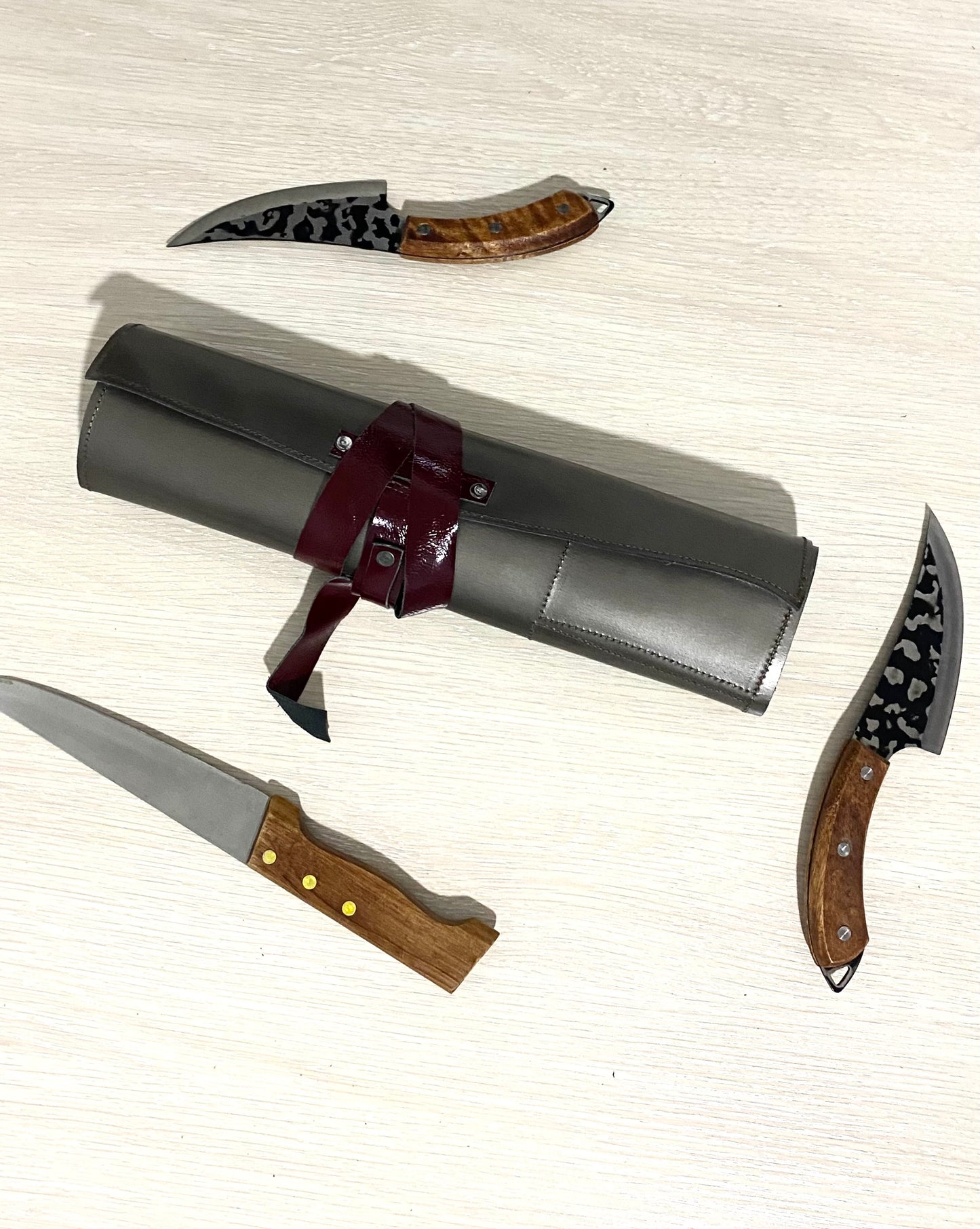 5 Slots Knife Roll, Grey Colour Handmade Chef bag, Cow Genuine Leather Knives Roll, Tools Holder Chefs Kitchen Supply Size 14inchX15.5inch