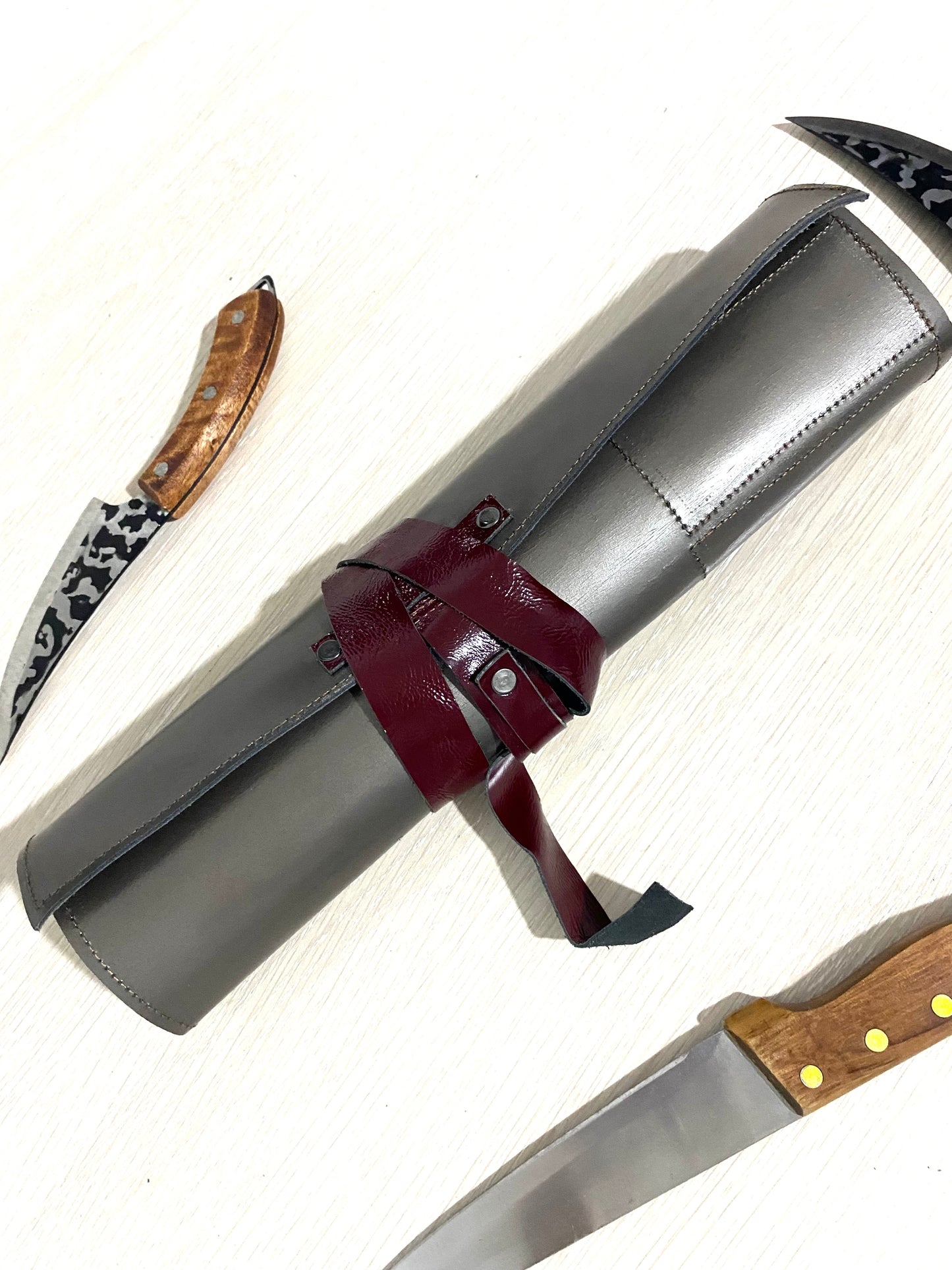 5 Slots Knife Roll, Grey Colour Handmade Chef bag, Cow Genuine Leather Knives Roll, Tools Holder Chefs Kitchen Supply Size 14inchX15.5inch