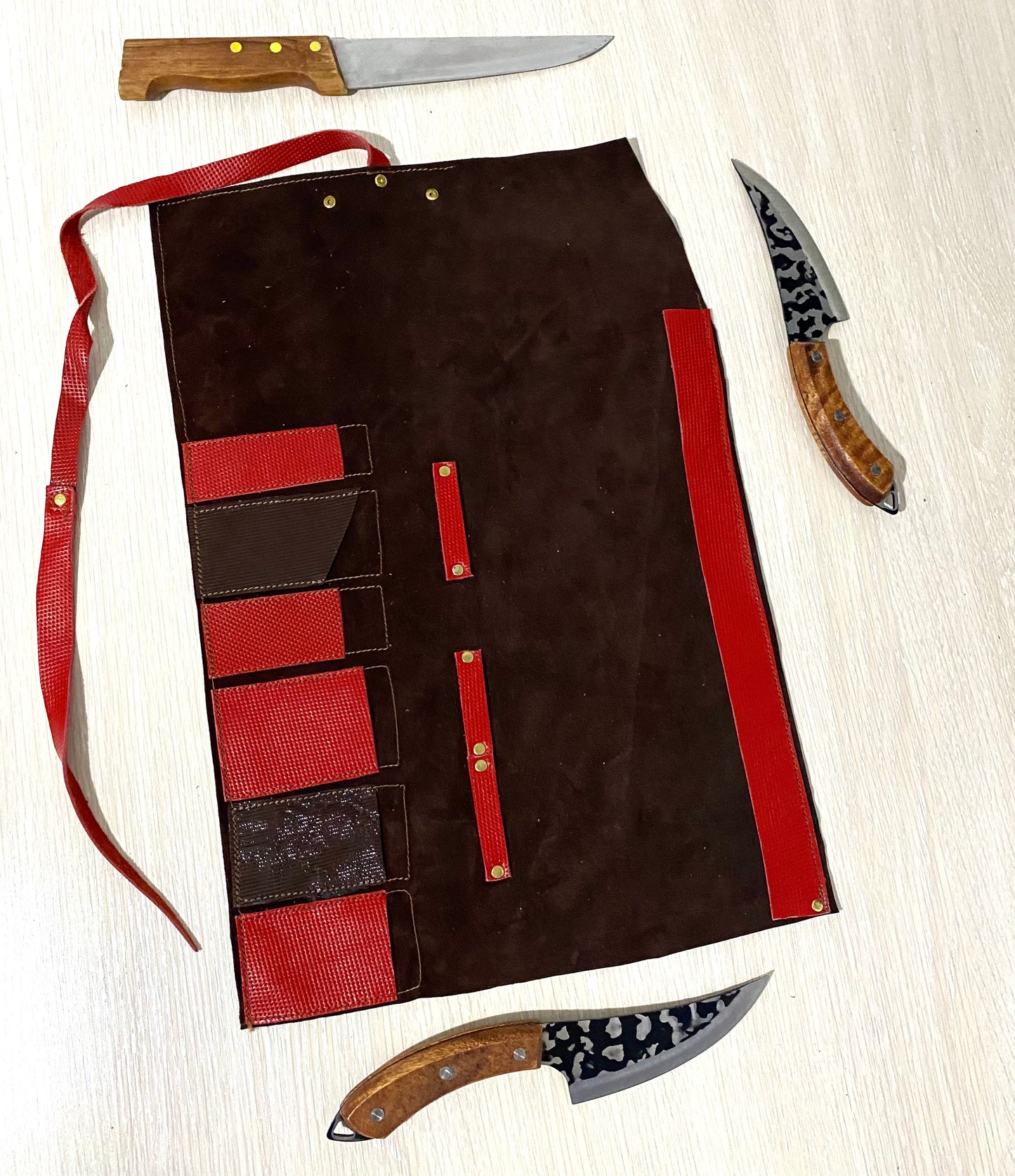 6 Slots Knife Roll, Chef bag, Cow Genuine Leather Knives Roll, Tools HolderBag ,Chefs Gift Kitchen Supply Red Brown Colour Size 32cmX48cm