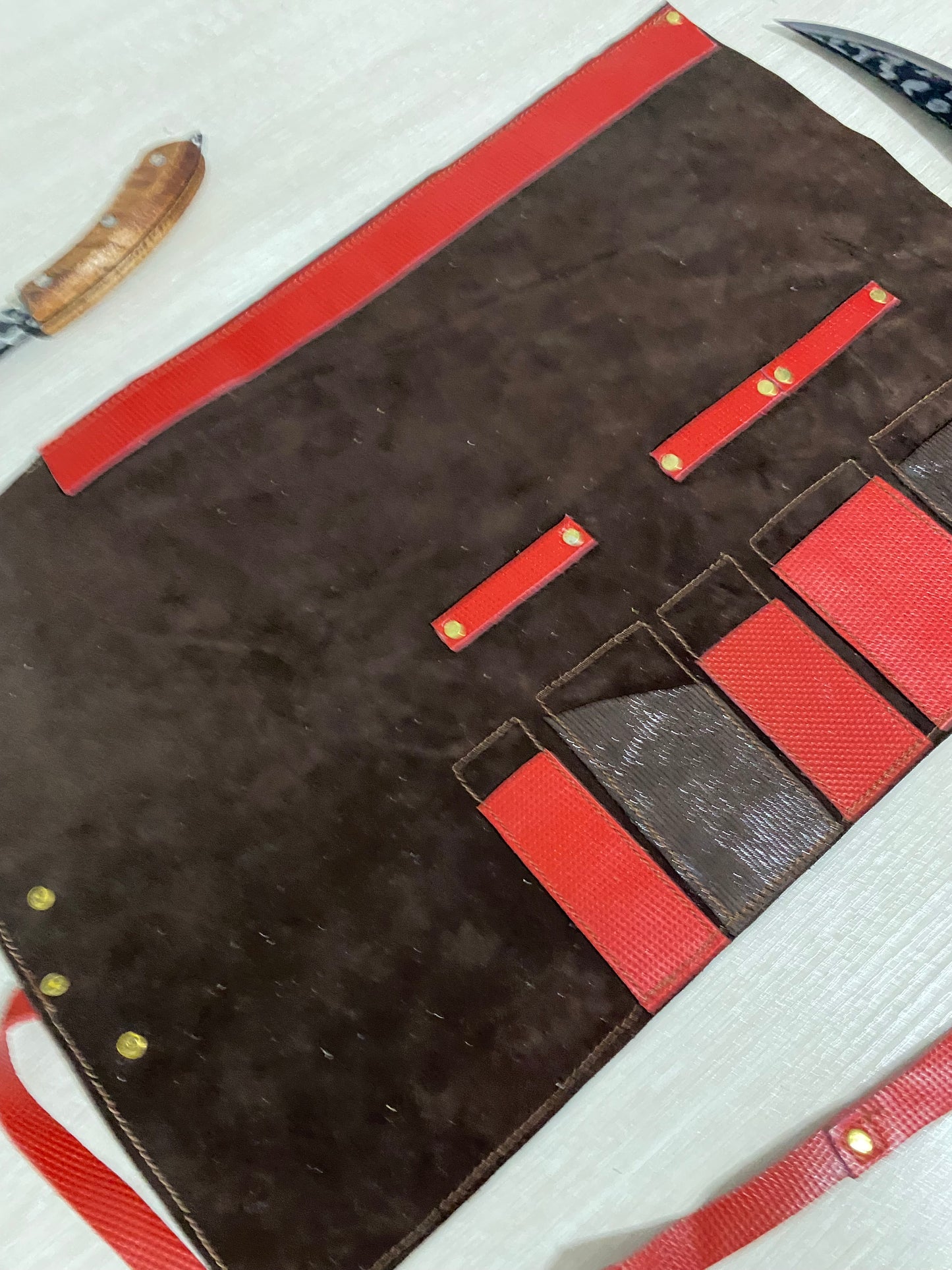 6 Slots Knife Roll, Chef bag, Cow Genuine Leather Knives Roll, Tools HolderBag ,Chefs Gift Kitchen Supply Red Brown Colour Size 32cmX48cm