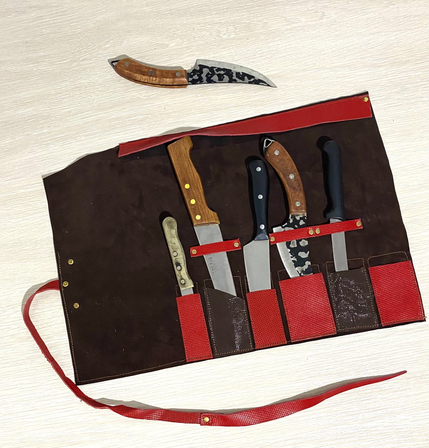 6 Slots Knife Roll, Chef bag, Cow Genuine Leather Knives Roll, Tools HolderBag ,Chefs Gift Kitchen Supply Red Brown Colour Size 32cmX48cm