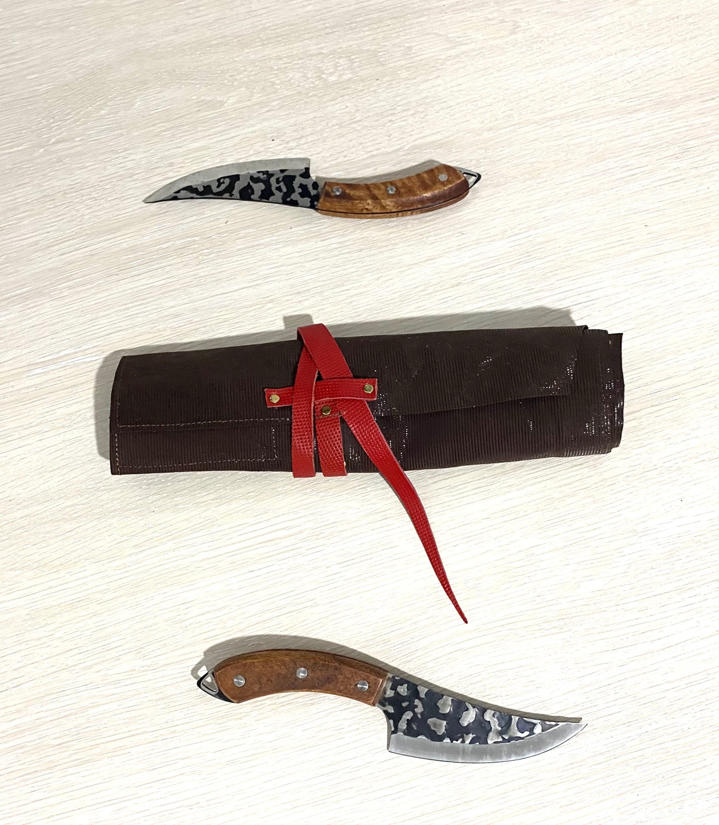 6 Slots Knife Roll, Chef bag, Cow Genuine Leather Knives Roll, Tools HolderBag ,Chefs Gift Kitchen Supply Red Brown Colour Size 32cmX48cm