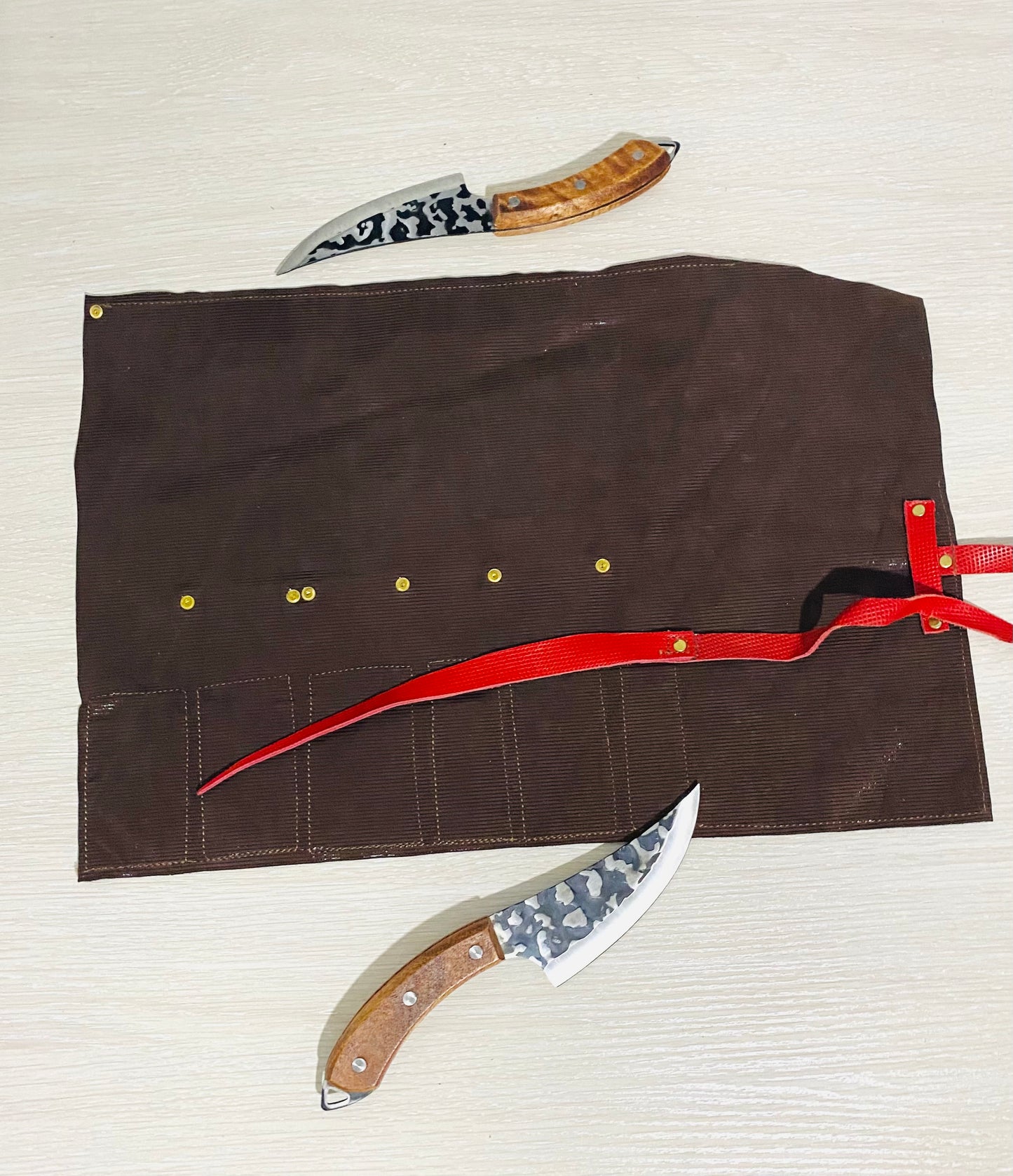 6 Slots Knife Roll, Chef bag, Cow Genuine Leather Knives Roll, Tools HolderBag ,Chefs Gift Kitchen Supply Red Brown Colour Size 32cmX48cm