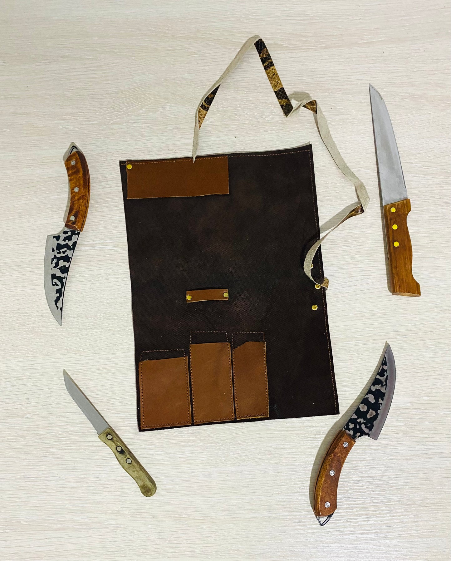 3 Slots Knife Roll, HandCrafted Cow Genuine Leather Knives Roll Tools Holder Chefs Gift Kitchen Supply Brown Tan Colour Size-10inchX14.5inch