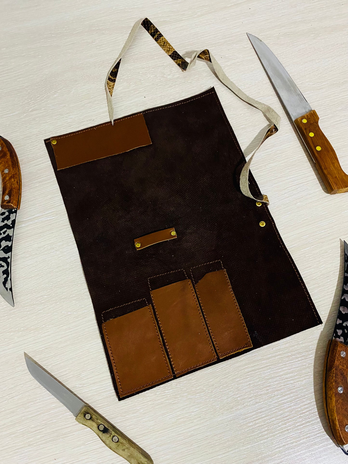 3 Slots Knife Roll, HandCrafted Cow Genuine Leather Knives Roll Tools Holder Chefs Gift Kitchen Supply Brown Tan Colour Size-10inchX14.5inch