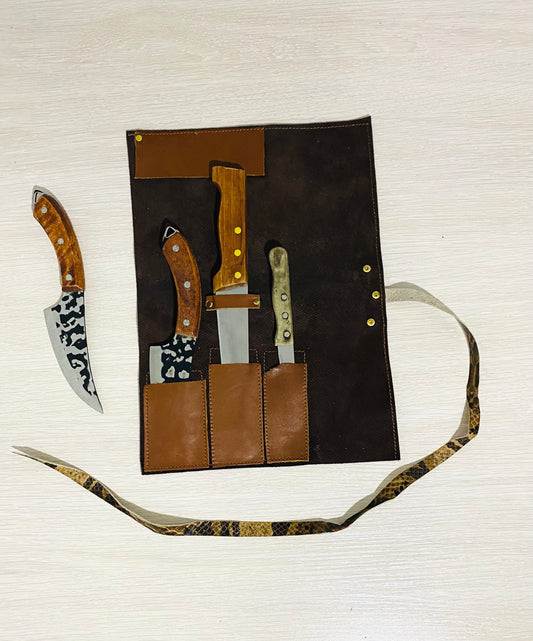 3 Slots Knife Roll, HandCrafted Cow Genuine Leather Knives Roll Tools Holder Chefs Gift Kitchen Supply Brown Tan Colour Size-10inchX14.5inch