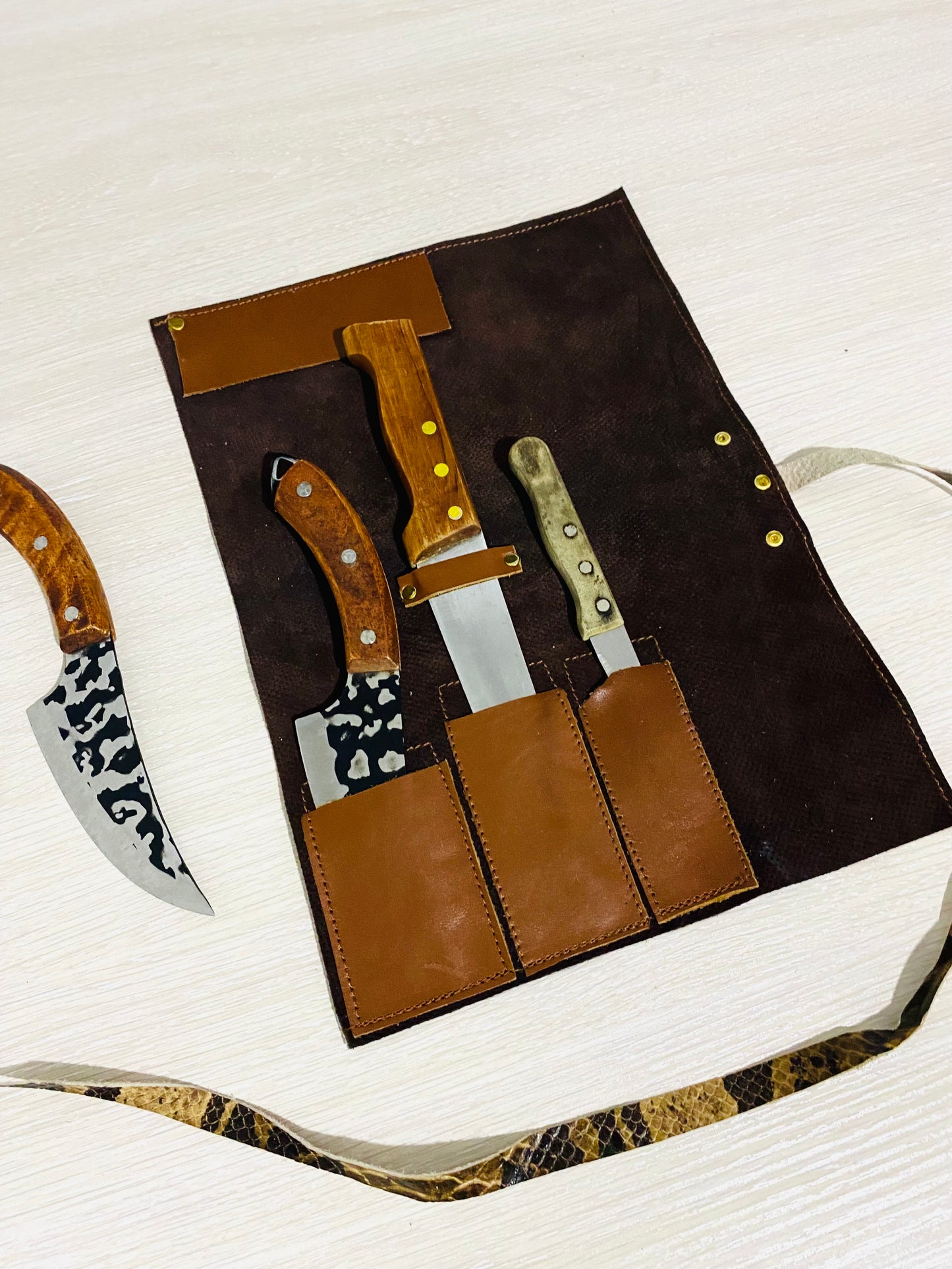 3 Slots Knife Roll, HandCrafted Cow Genuine Leather Knives Roll Tools Holder Chefs Gift Kitchen Supply Brown Tan Colour Size-10inchX14.5inch
