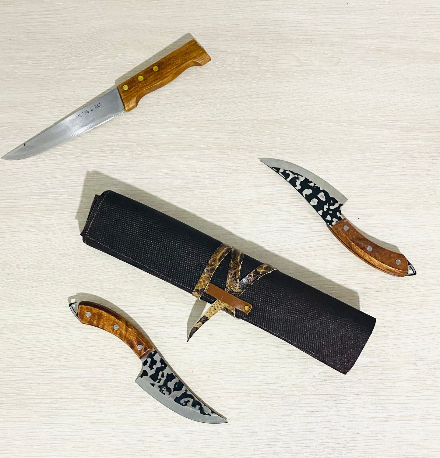 3 Slots Knife Roll, HandCrafted Cow Genuine Leather Knives Roll Tools Holder Chefs Gift Kitchen Supply Brown Tan Colour Size-10inchX14.5inch