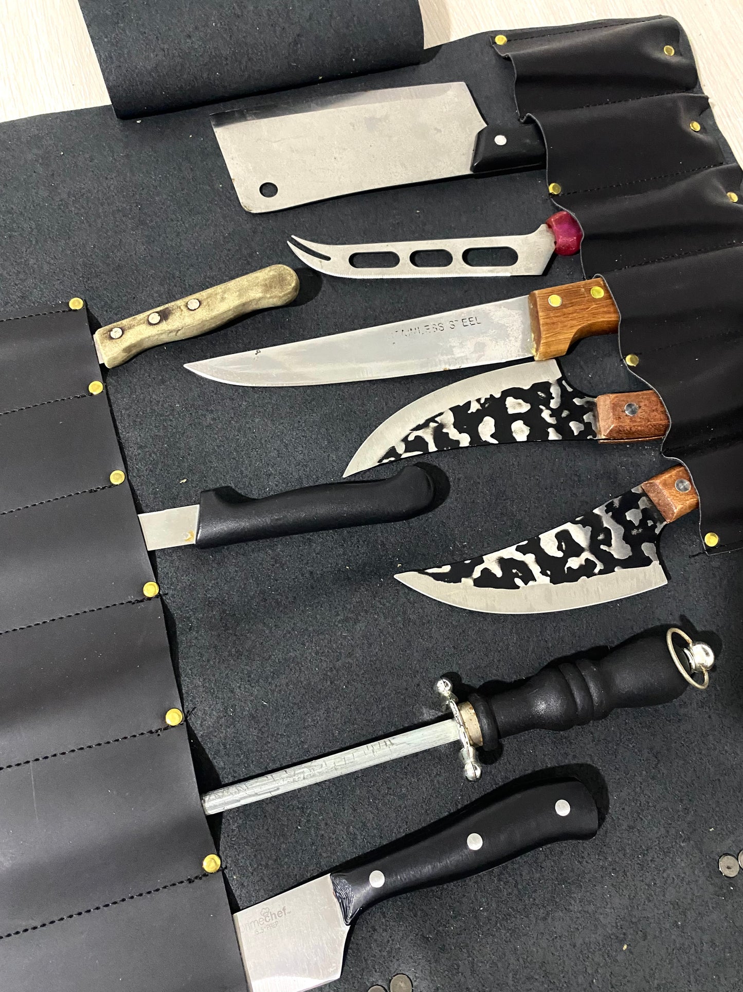 7 Slots Knife Roll, HandCrafted Chef bag, Cow Genuine Leather Knives Roll, Tools Holder Gift Kitchen Supply Beige Black Colou Size 47cmX33cm