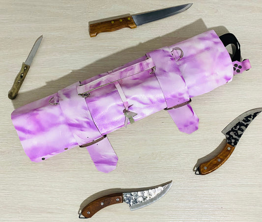 16 Slots Pink Knife Roll, Handmade Chefs bag, Cow Genuine Leather Knives Roll Holder Bag Gift Kitchen Supply