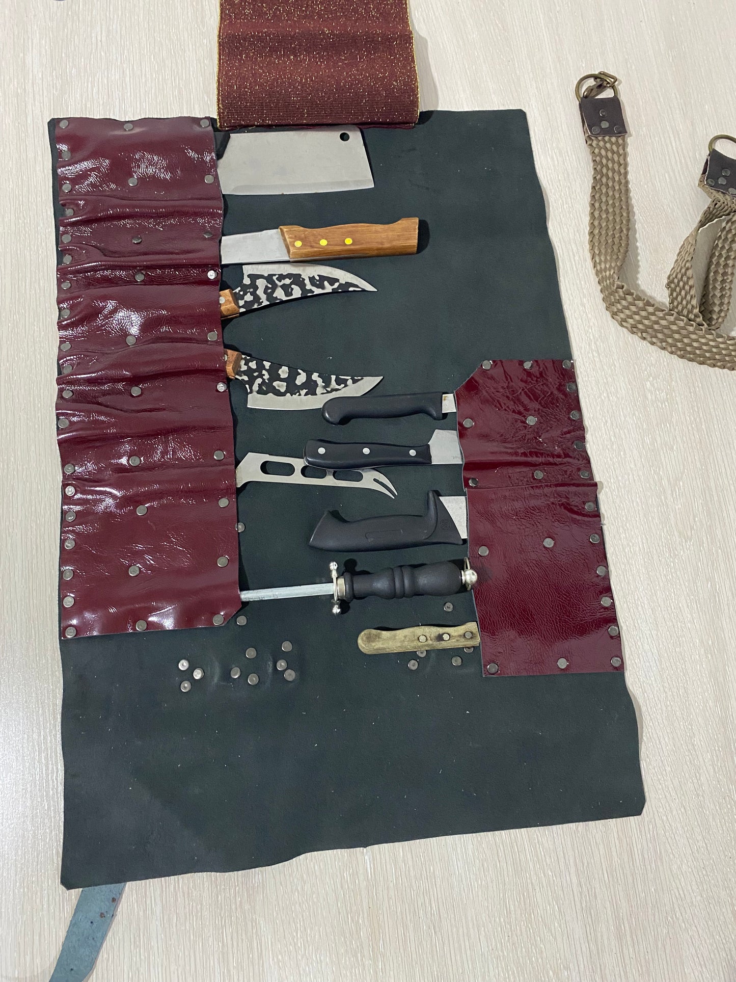 Burgundy 14 Slots knife Roll with long strap HandCrafted, Chefs bag Gift Cow Genuine Leather, Holder kitchen Supply, 48cmX68cm mixed colours