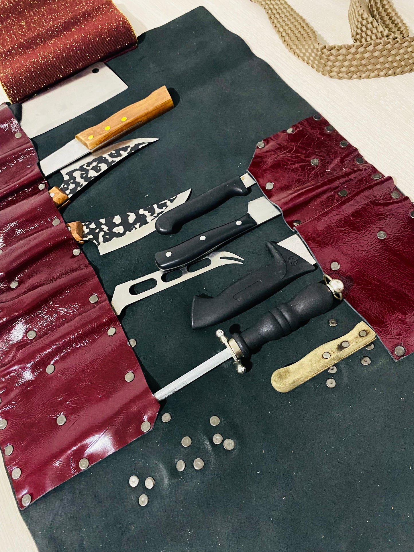 Burgundy 14 Slots knife Roll with long strap HandCrafted, Chefs bag Gift Cow Genuine Leather, Holder kitchen Supply, 48cmX68cm mixed colours