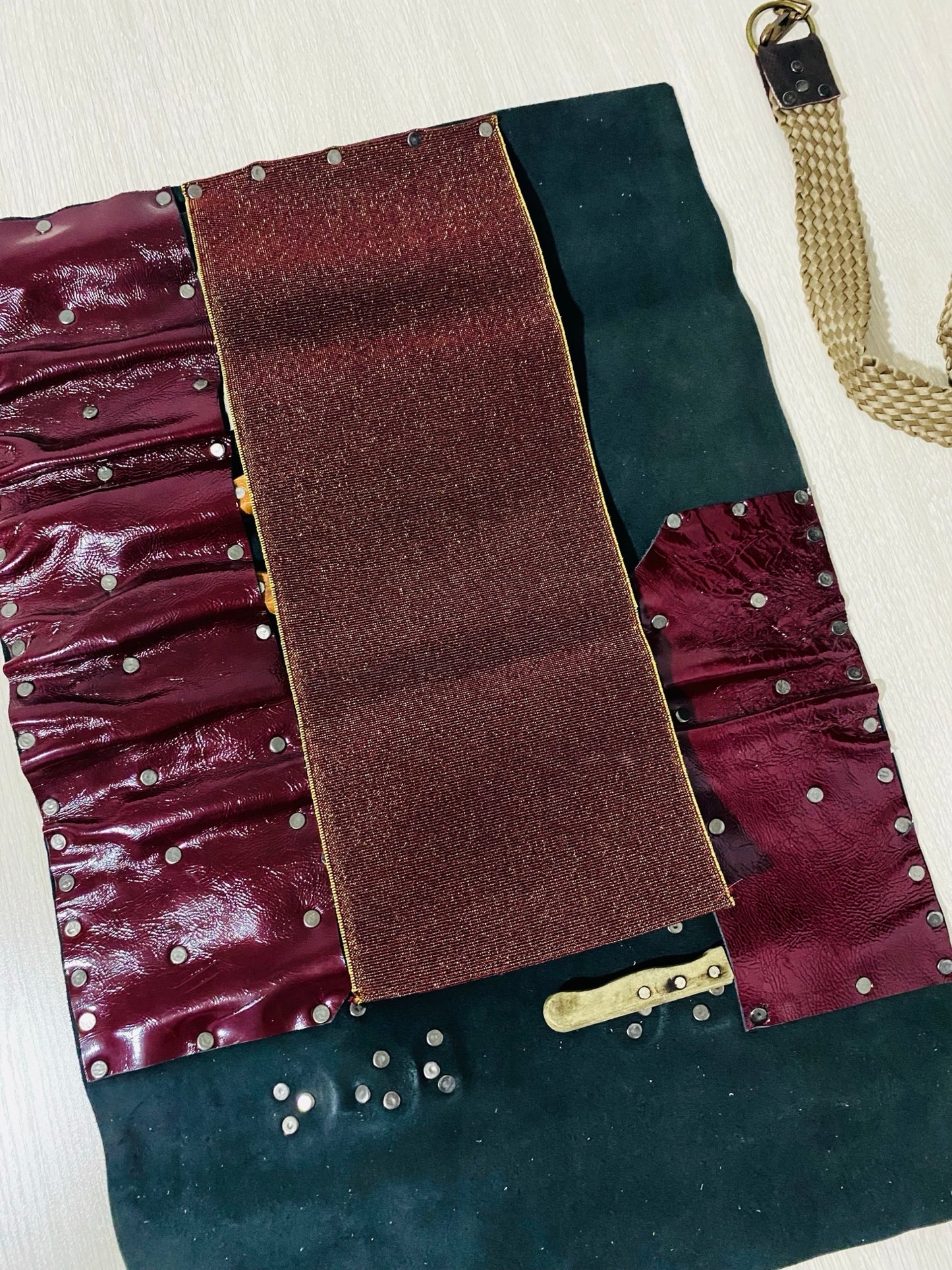 Burgundy 14 Slots knife Roll with long strap HandCrafted, Chefs bag Gift Cow Genuine Leather, Holder kitchen Supply, 48cmX68cm mixed colours