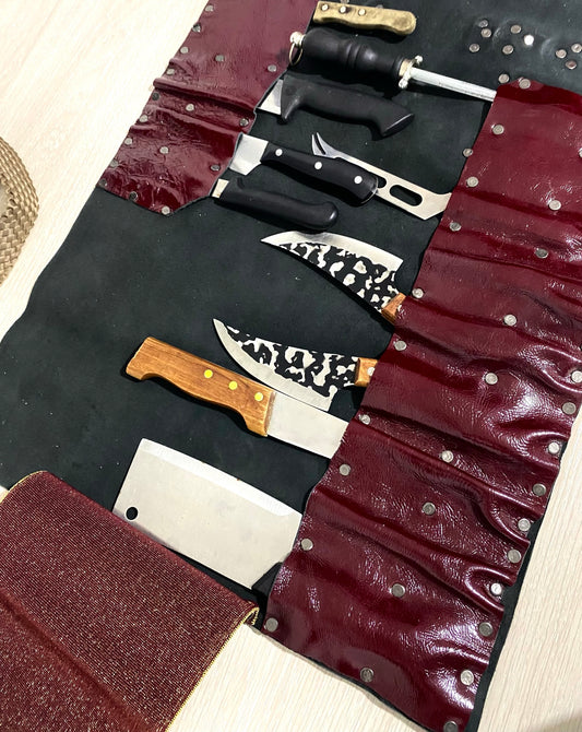 Burgundy 14 Slots knife Roll with long strap HandCrafted, Chefs bag Gift Cow Genuine Leather, Holder kitchen Supply, 48cmX68cm mixed colours