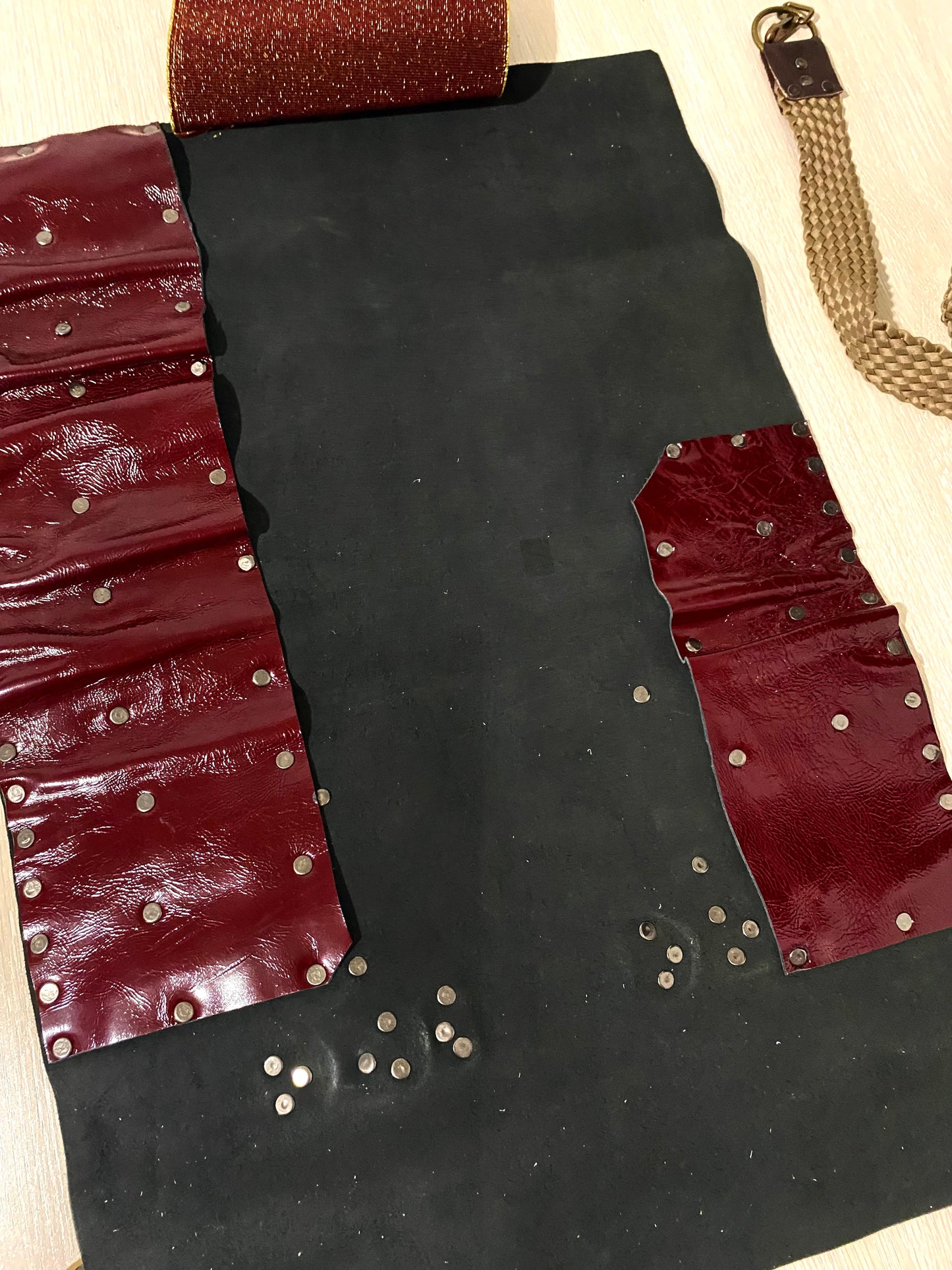 Burgundy 14 Slots knife Roll with long strap HandCrafted, Chefs bag Gift Cow Genuine Leather, Holder kitchen Supply, 48cmX68cm mixed colours