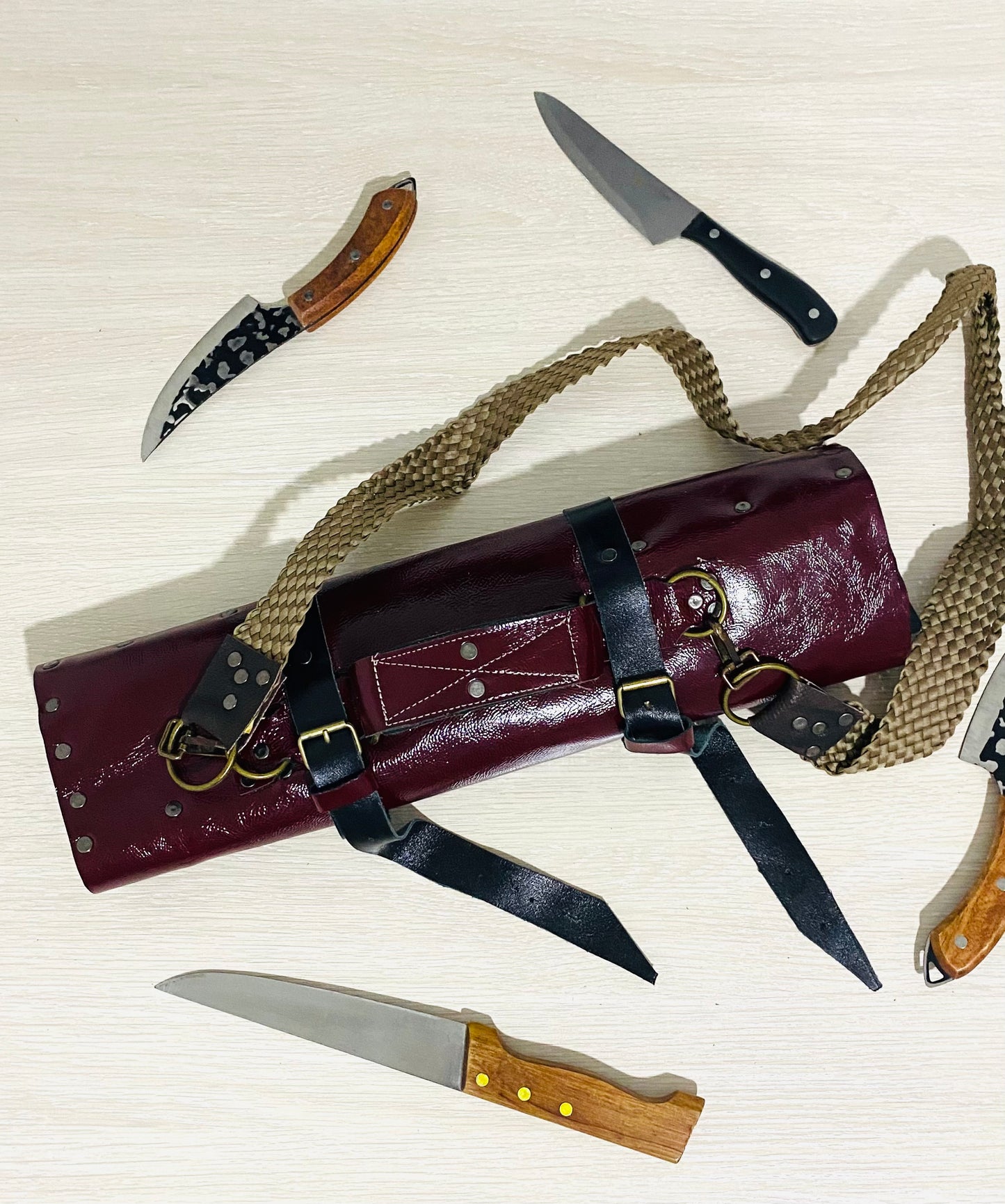 Burgundy 14 Slots knife Roll with long strap HandCrafted, Chefs bag Gift Cow Genuine Leather, Holder kitchen Supply, 48cmX68cm mixed colours