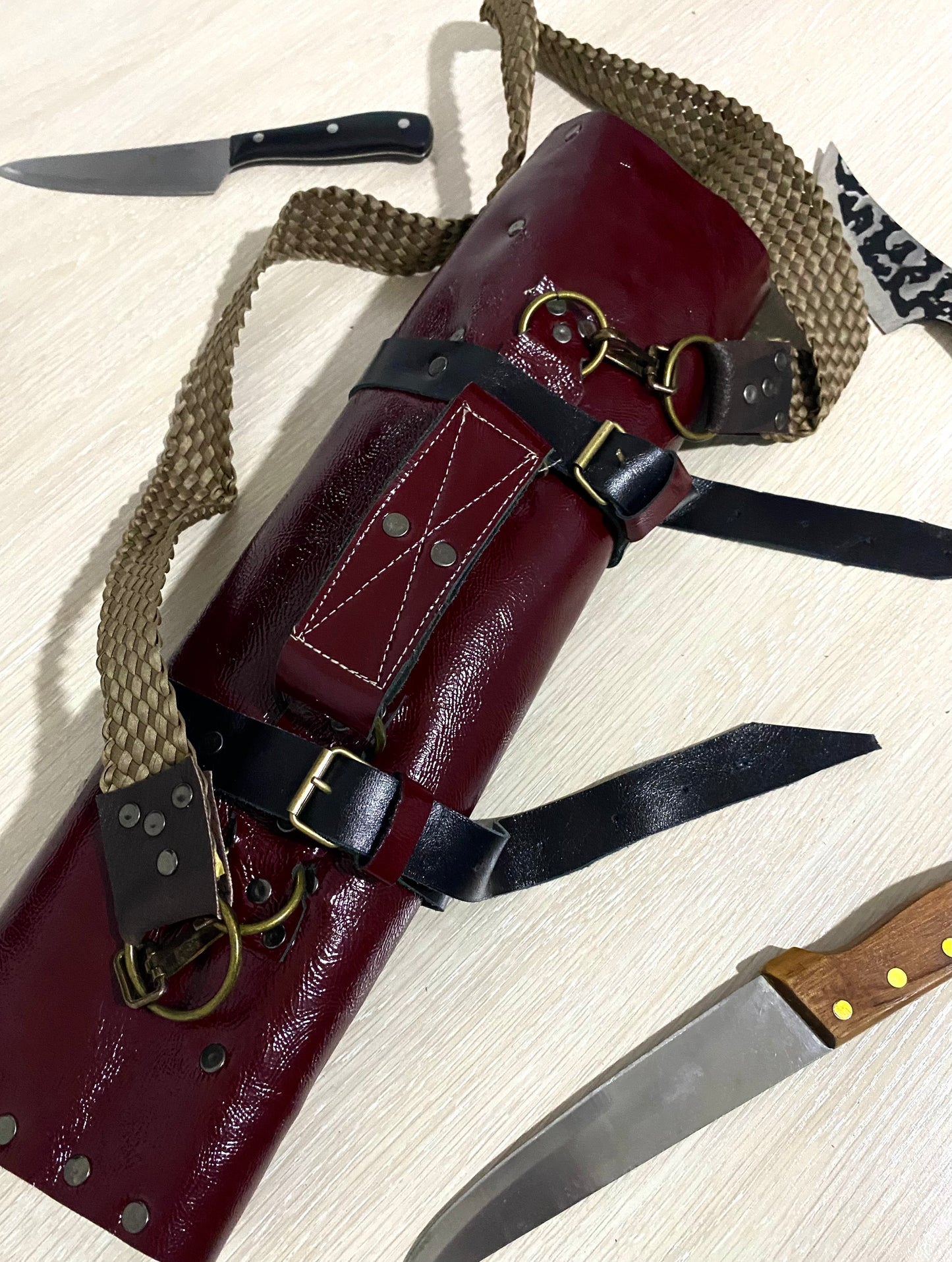 Burgundy 14 Slots knife Roll with long strap HandCrafted, Chefs bag Gift Cow Genuine Leather, Holder kitchen Supply, 48cmX68cm mixed colours