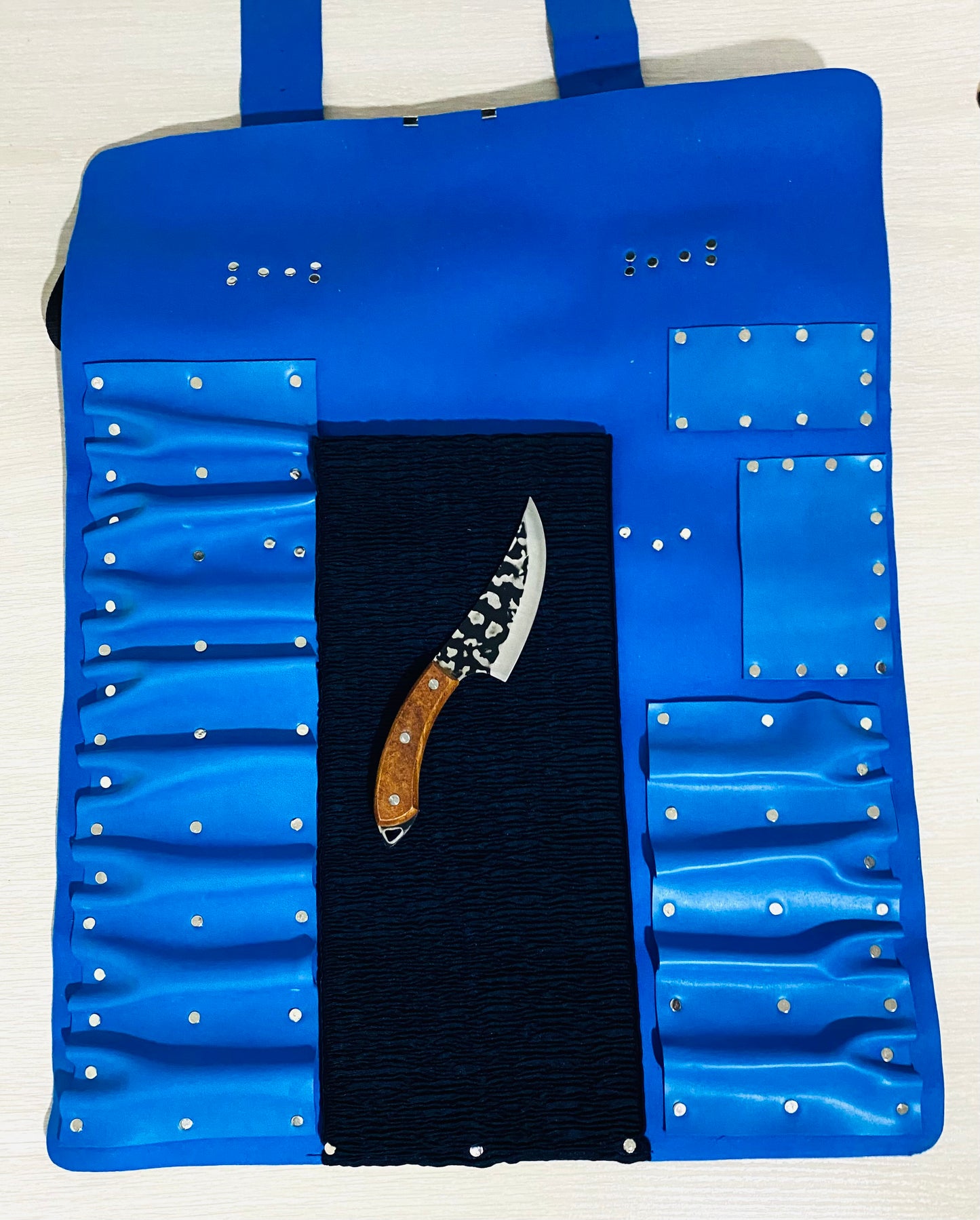 15 Slots Knife Roll ,hand Crafted Chef bag, Syntactic PU PVC Leather, Hand Made Knives Roll Holder Bag, kitchen supply Gift, Silver Metal