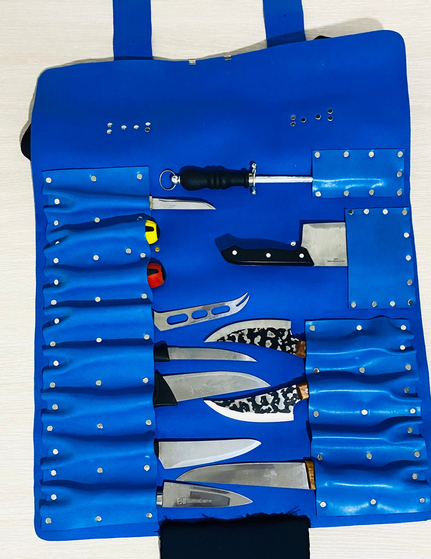 15 Slots Knife Roll ,hand Crafted Chef bag, Syntactic PU PVC Leather, Hand Made Knives Roll Holder Bag, kitchen supply Gift, Silver Metal