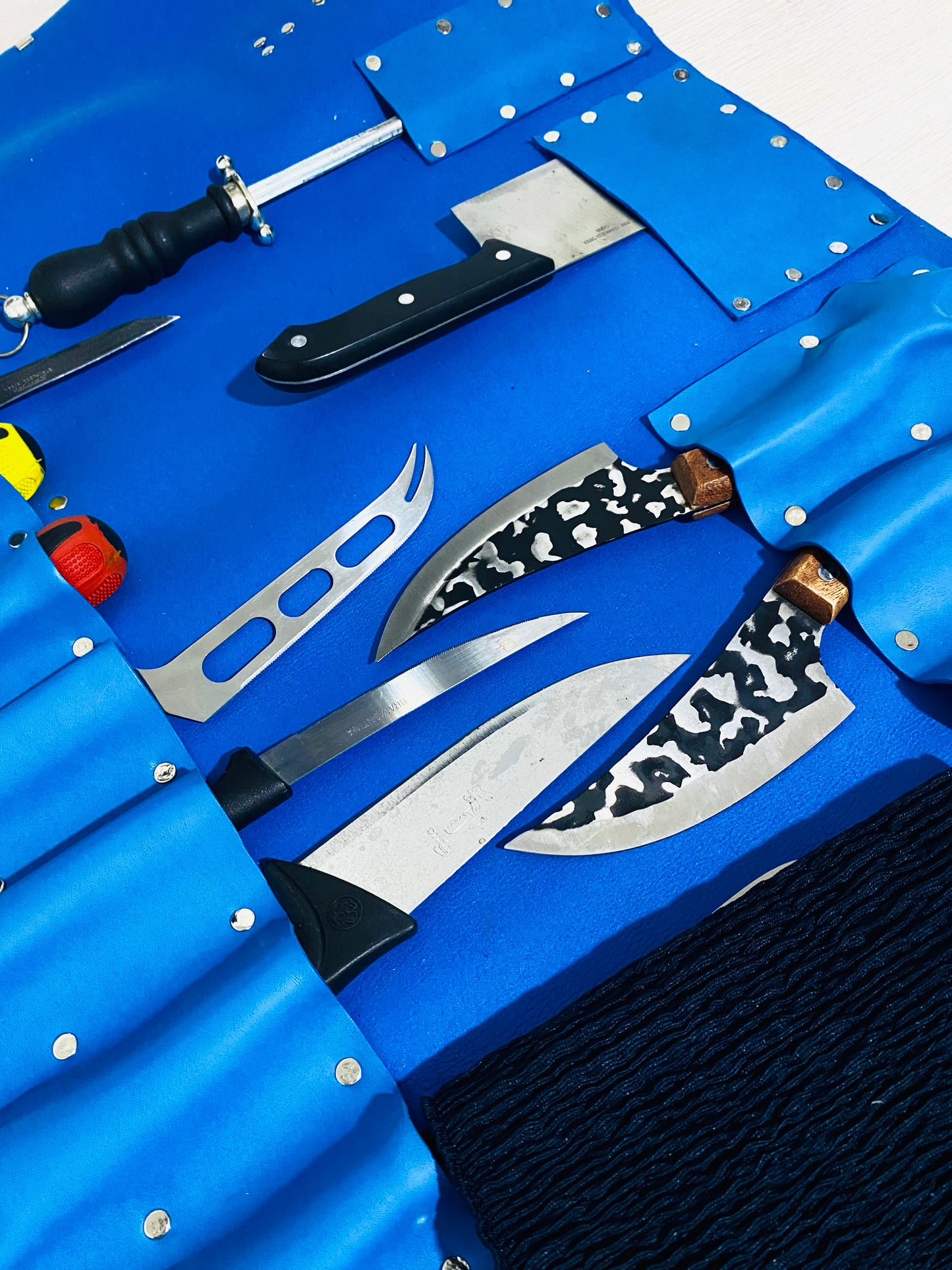 15 Slots Knife Roll ,hand Crafted Chef bag, Syntactic PU PVC Leather, Hand Made Knives Roll Holder Bag, kitchen supply Gift, Silver Metal