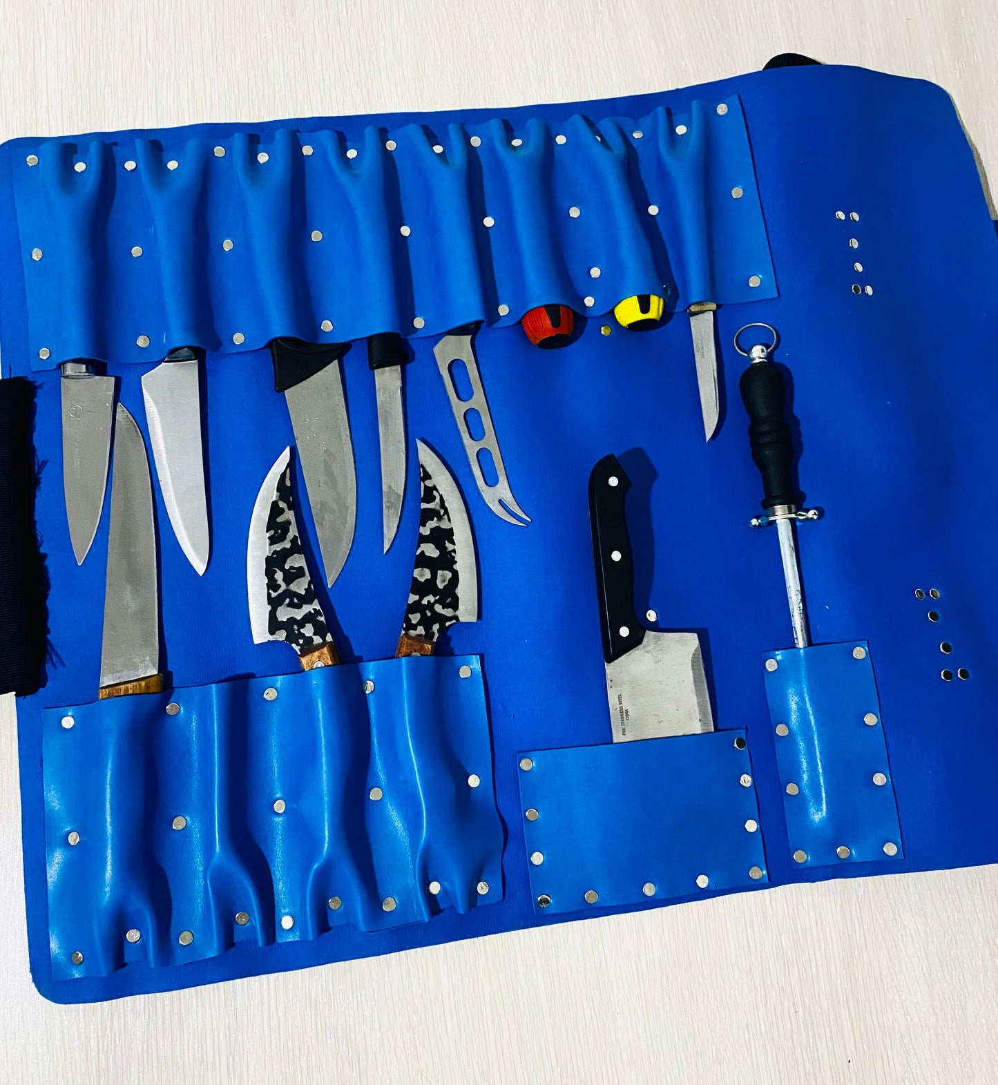 15 Slots Knife Roll ,hand Crafted Chef bag, Syntactic PU PVC Leather, Hand Made Knives Roll Holder Bag, kitchen supply Gift, Silver Metal