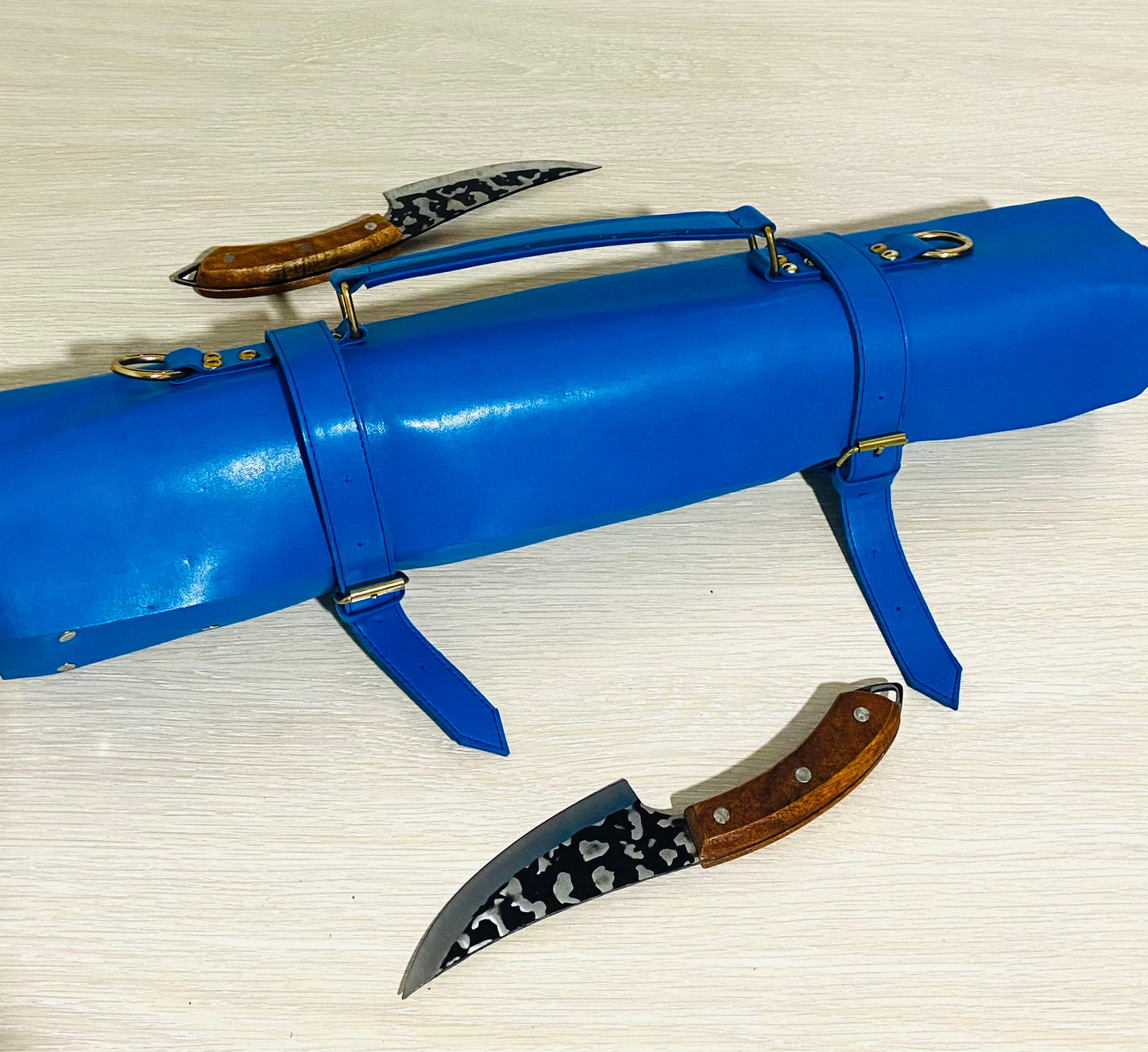 13 Slots hand Crafted Chef bag, Knife Roll , Syntactic PU Leather Chef Bag ,PVC Leather, Hand Made Knives Roll Holder Bag , Leather Blue