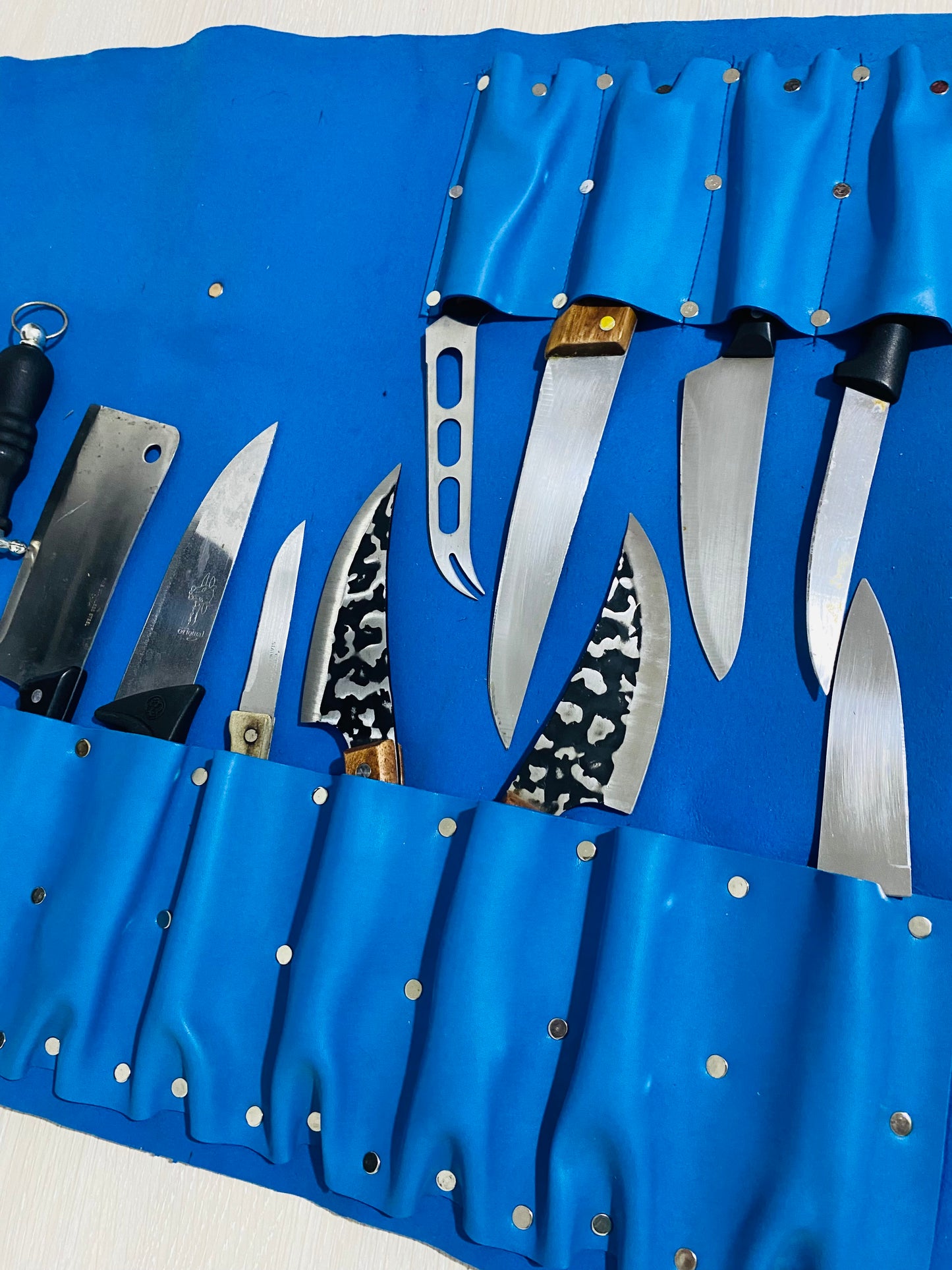 13 Slots hand Crafted Chef bag, Knife Roll , Syntactic PU Leather Chef Bag ,PVC Leather, Hand Made Knives Roll Holder Bag , Leather Blue
