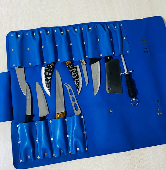 13 Slots hand Crafted Chef bag, Knife Roll , Syntactic PU Leather Chef Bag ,PVC Leather, Hand Made Knives Roll Holder Bag , Leather Blue