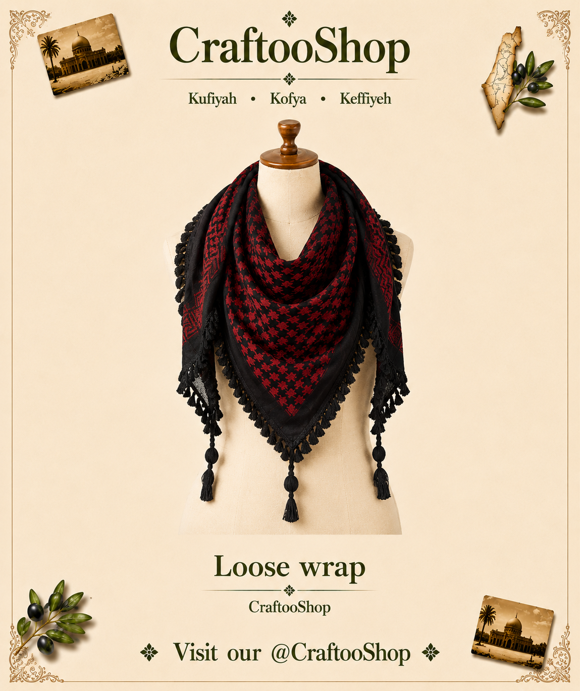 Palestine Keffyieh, Unique Arab Scarf Shemagh, Mult-functional face Cover, Headwear Windproof  Mask, Vintage dress Hatta Black Red