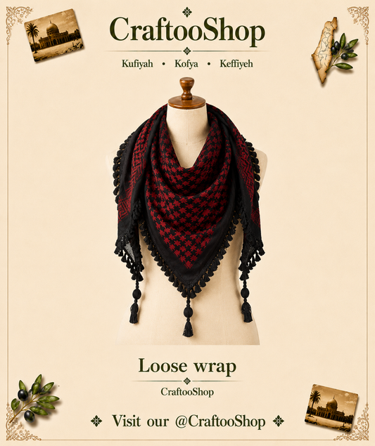 Palestine Keffyieh, Unique Arab Scarf Shemagh, Mult-functional face Cover, Headwear Windproof  Mask, Vintage dress Hatta Black Red