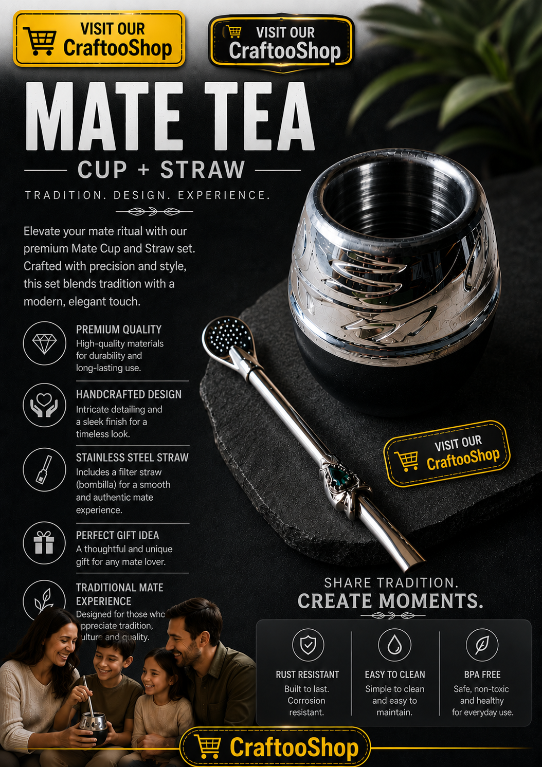 Mate Tea Silver Black cup, Unique Yerba Mate Cup +Straw, drinking places fountain, water carved Filter Bombilla Straw handmade 50mL