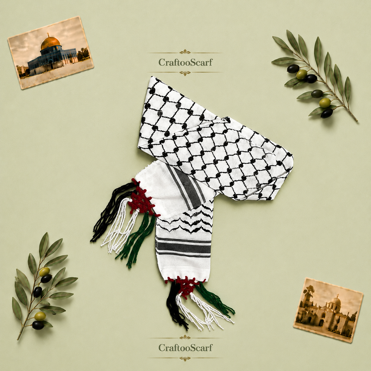 Kuffiyeh Palestine Flag Scarf, Keffiyeh Unique Original Arab Arafat Hatta design, Student Graduation kofyah Scarves, Bandana 54inchX4.6inch