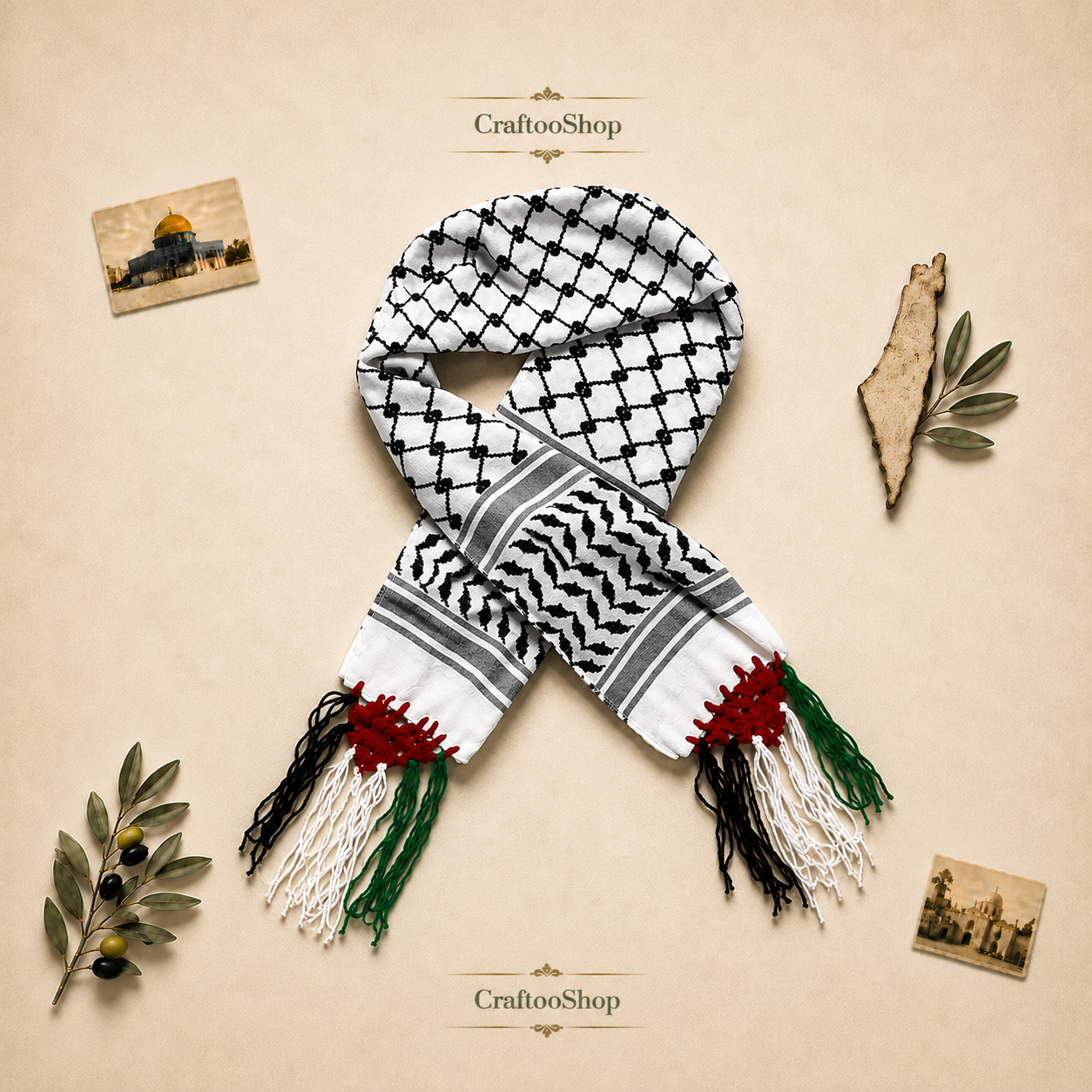 Kuffiyeh Palestine Flag Scarf, Keffiyeh Unique Original Arab Arafat Hatta design, Student Graduation kofyah Scarves, Bandana 54inchX4.6inch