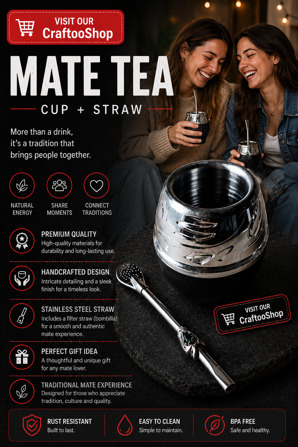 Mate Tea Silver Black cup, Unique Yerba Mate Cup +Straw, drinking places fountain, water carved Filter Bombilla Straw handmade 50mL