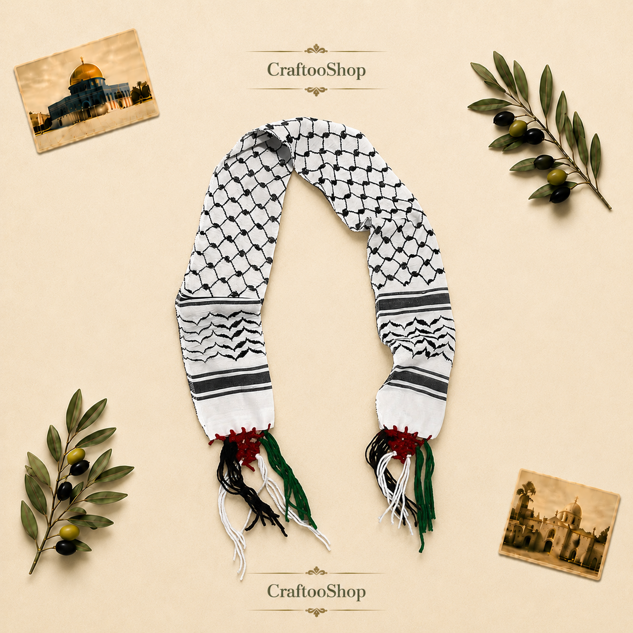 Kuffiyeh Palestine Flag Scarf, Keffiyeh Unique Original Arab Arafat Hatta design, Student Graduation kofyah Scarves, Bandana 54inchX4.6inch