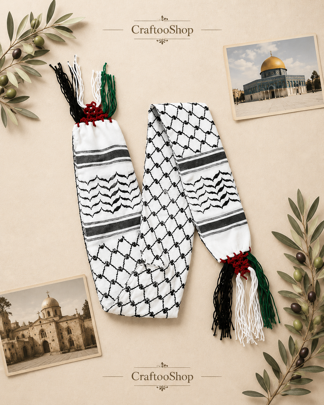 Palestine Kuffiyeh Flag Scarf, Keffiyeh Arabian Arafat Hatta design, Student Graduation, Tie kofyah Scarves Parties, Bandana 52inchX4.2inch (Copy)