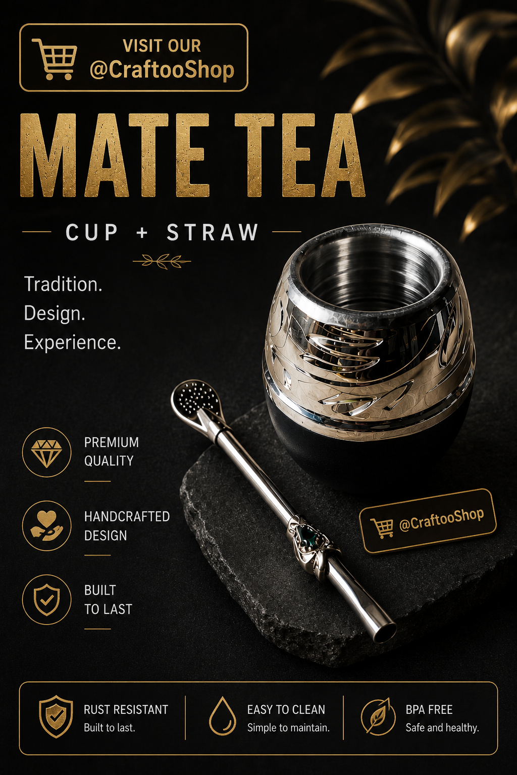 Mate Tea Silver Black cup, Unique Yerba Mate Cup +Straw, drinking places fountain, water carved Filter Bombilla Straw handmade 50mL