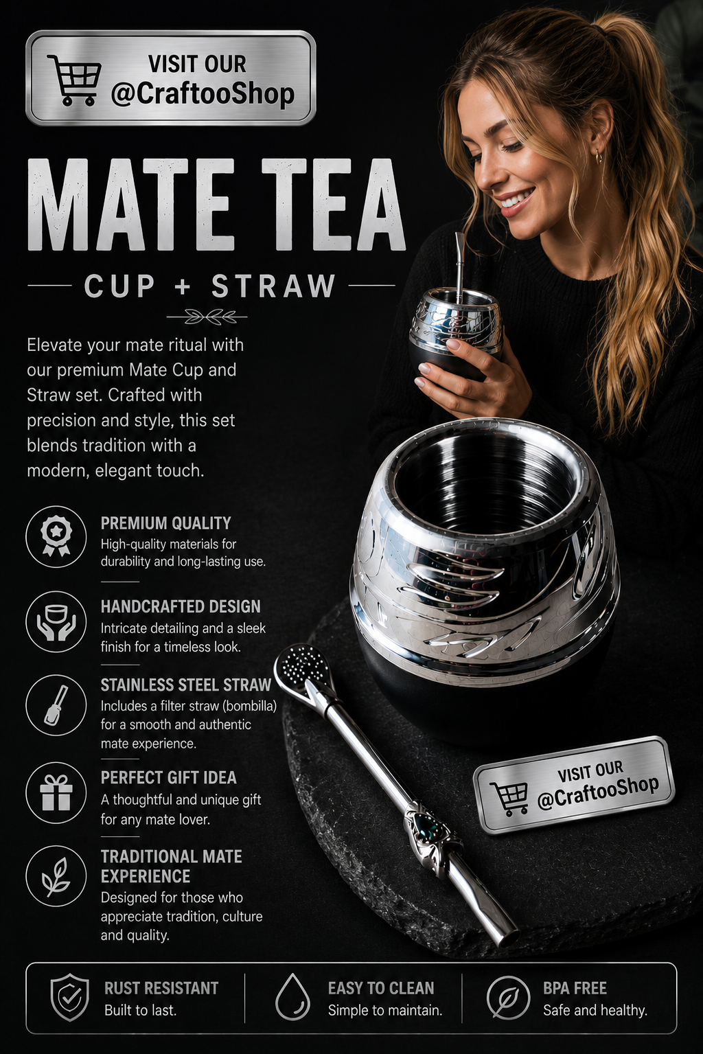 Mate Tea Silver Black cup, Unique Yerba Mate Cup +Straw, drinking places fountain, water carved Filter Bombilla Straw handmade 50mL