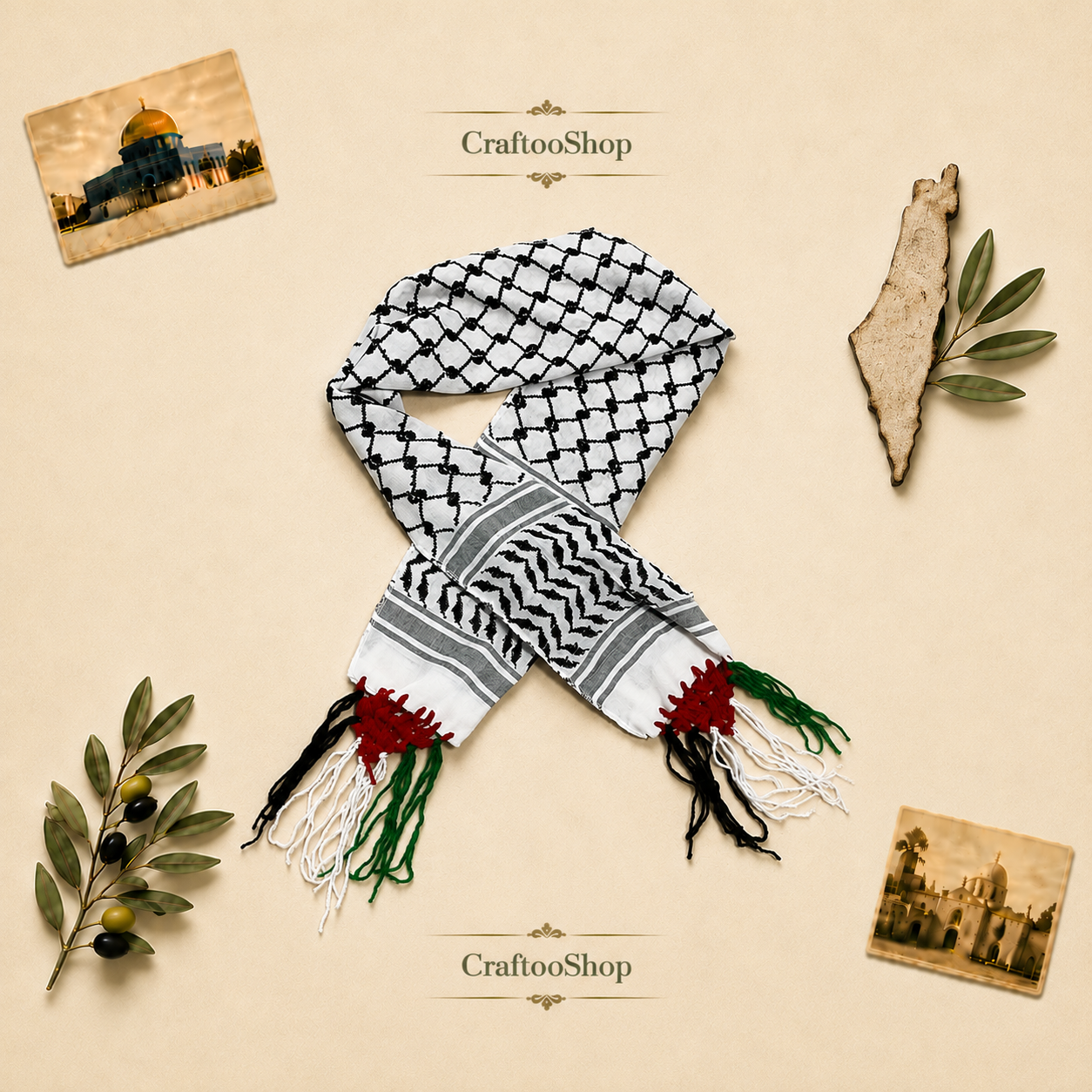 Palestine Kuffiyeh Flag Scarf, Keffiyeh Arabian Arafat Hatta design, Student Graduation, Tie kofyah Scarves Parties, Bandana 52inchX4.2inch (Copy)