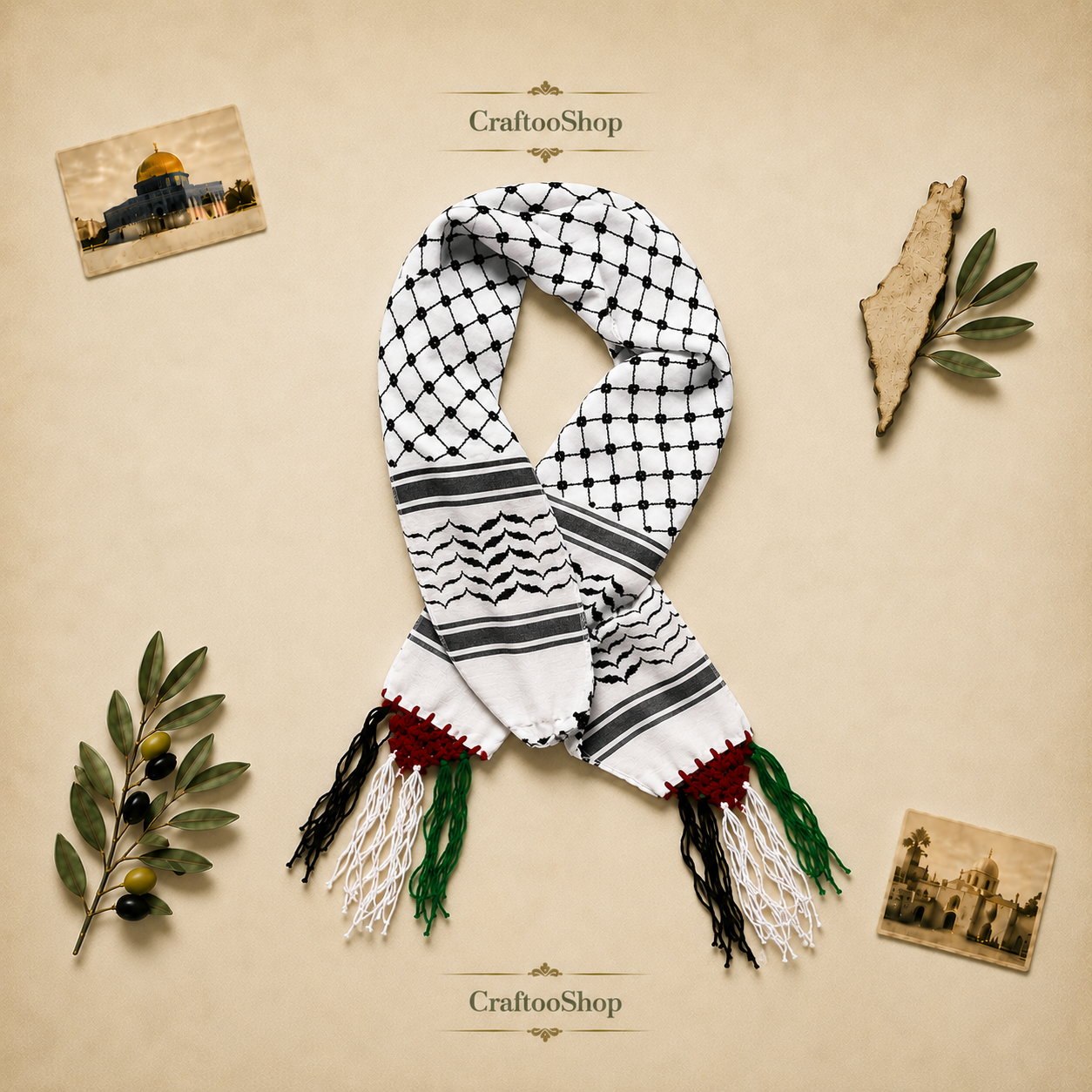 Palestine Kuffiyeh Flag Scarf, Keffiyeh Arabian Arafat Hatta design, Student Graduation, Tie kofyah Scarves Parties, Bandana 52inchX4.2inch (Copy)