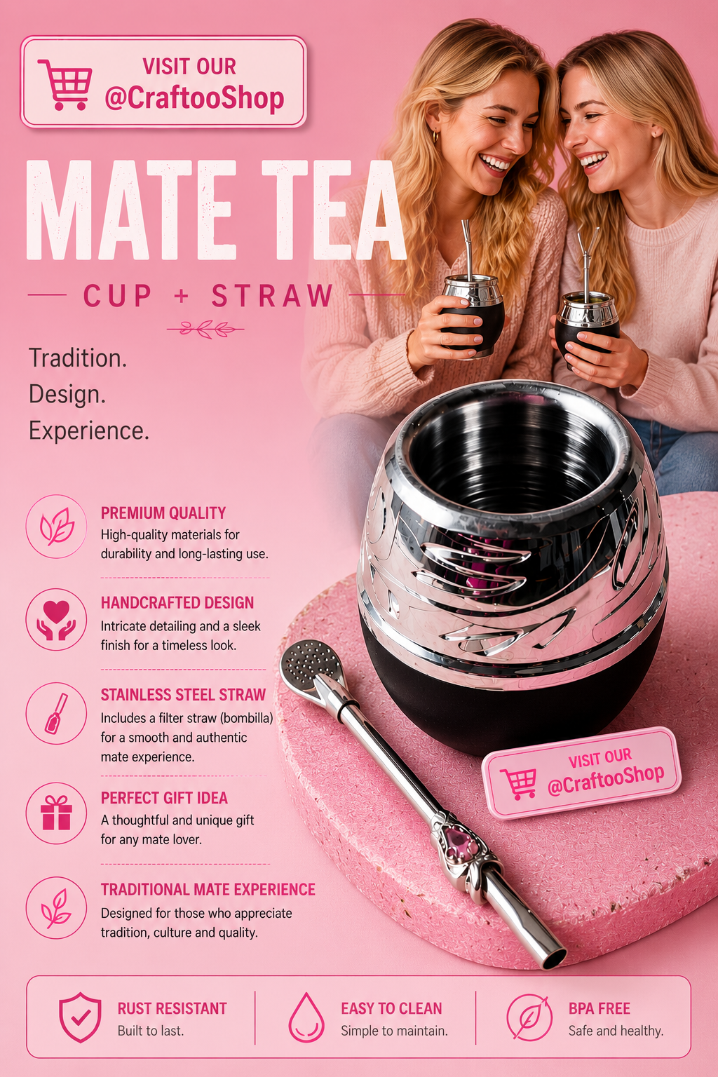Mate Tea Silver Black cup, Unique Yerba Mate Cup +Straw, drinking places fountain, water carved Filter Bombilla Straw handmade 50mL