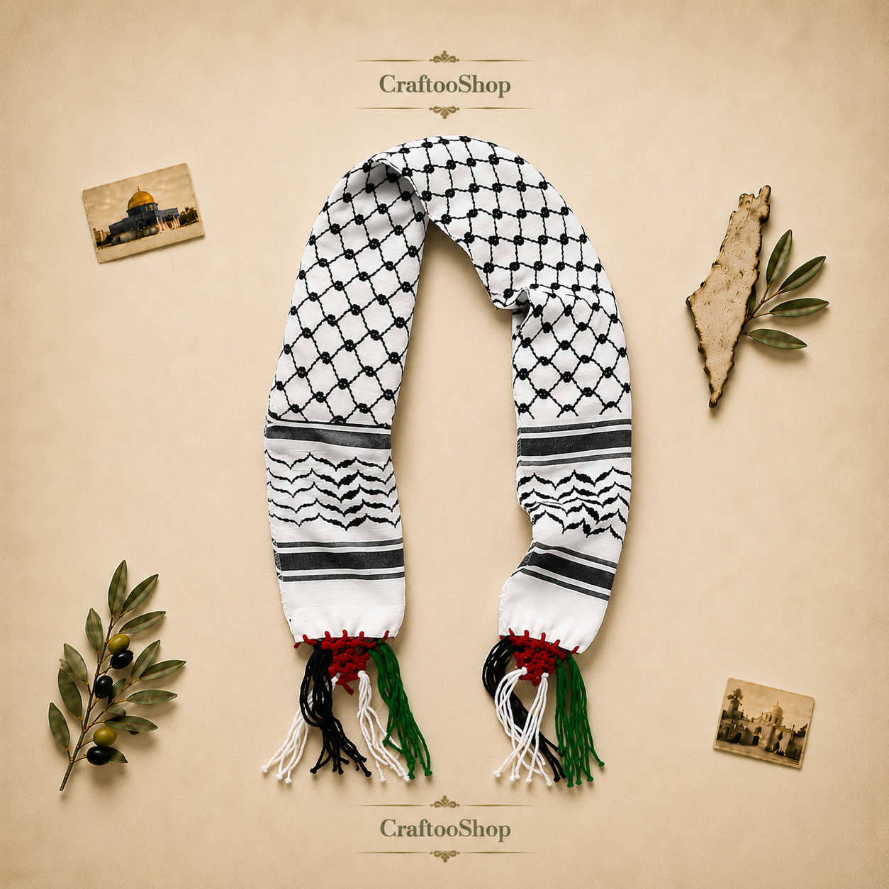 Palestine Kuffiyeh Flag Scarf, Keffiyeh Arabian Arafat Hatta design, Student Graduation, Tie kofyah Scarves Parties, Bandana 52inchX4.2inch (Copy)