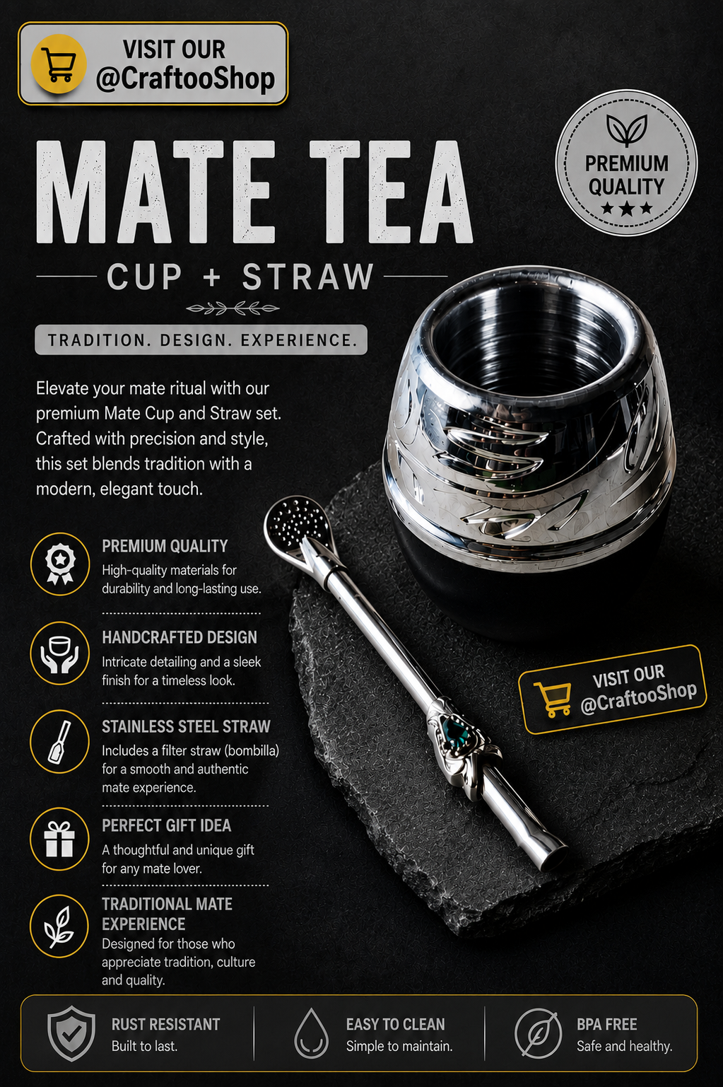 Mate Tea Silver Black cup, Unique Yerba Mate Cup +Straw, drinking places fountain, water carved Filter Bombilla Straw handmade 50mL