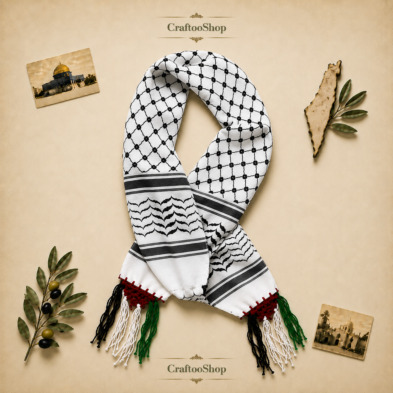 Kuffiyeh Palestine Flag Scarf, Keffiyeh Unique Original Arab Arafat Hatta design, Student Graduation kofyah Scarves, Bandana 54inchX4.6inch