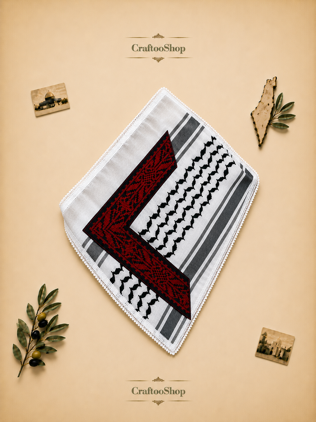 Keffiyeh Tatreez Bandana Scarf, Red Embroidery Falahi Palestine Arafat Kuffyieh Mask, Tie kofyah Headband Kofya Face Cover Vintage dress Size 72X42X48 Centimeters (Copy)