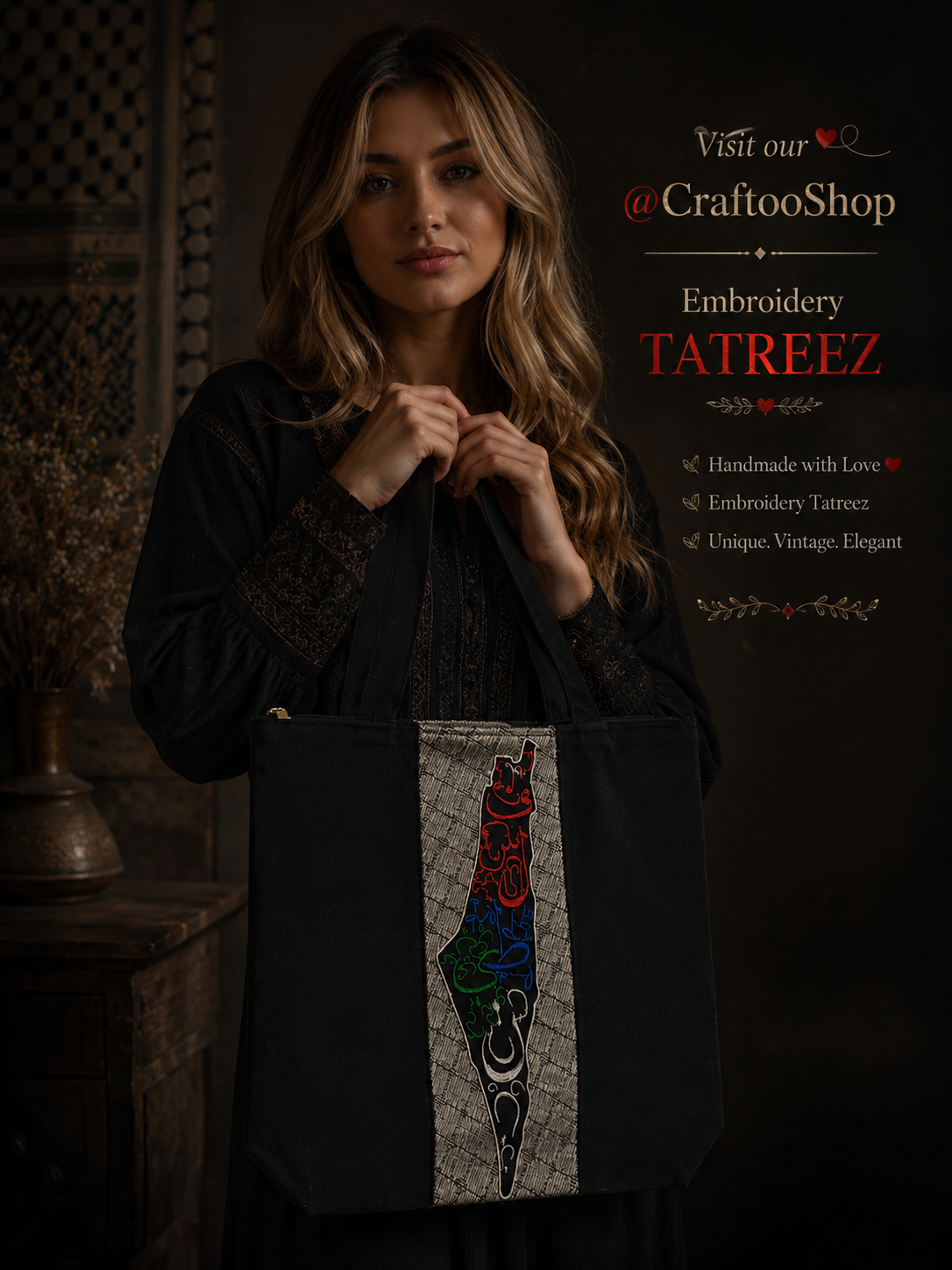 Palestine Map Canvas Tote Bag, Shoulder Bag, Vintage Unique Handmade Heavy Work multi-function Zipper Bag
