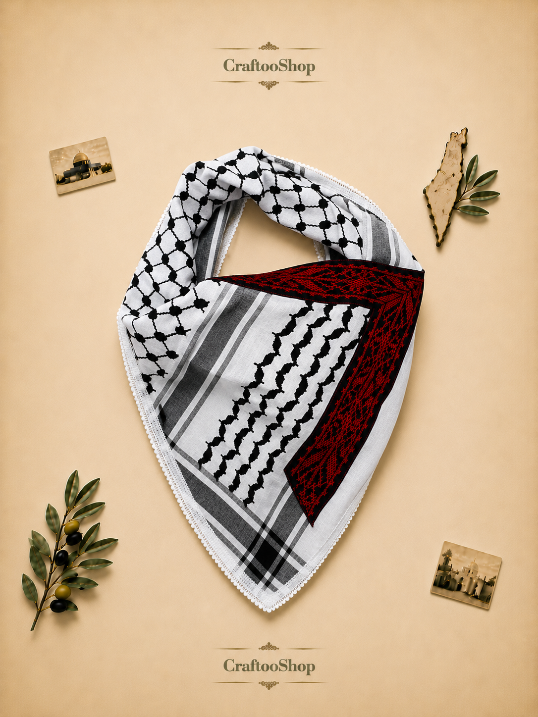 Keffiyeh Tatreez Bandana Scarf, Red Embroidery Falahi Palestine Arafat Kuffyieh Mask, Tie kofyah Headband Kofya Face Cover Vintage dress Size 72X42X48 Centimeters (Copy)