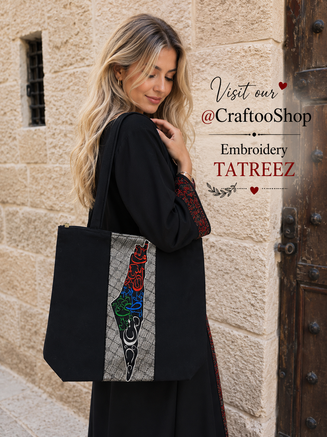 Palestine Map Canvas Tote Bag, Shoulder Bag, Vintage Unique Handmade Heavy Work multi-function Zipper Bag